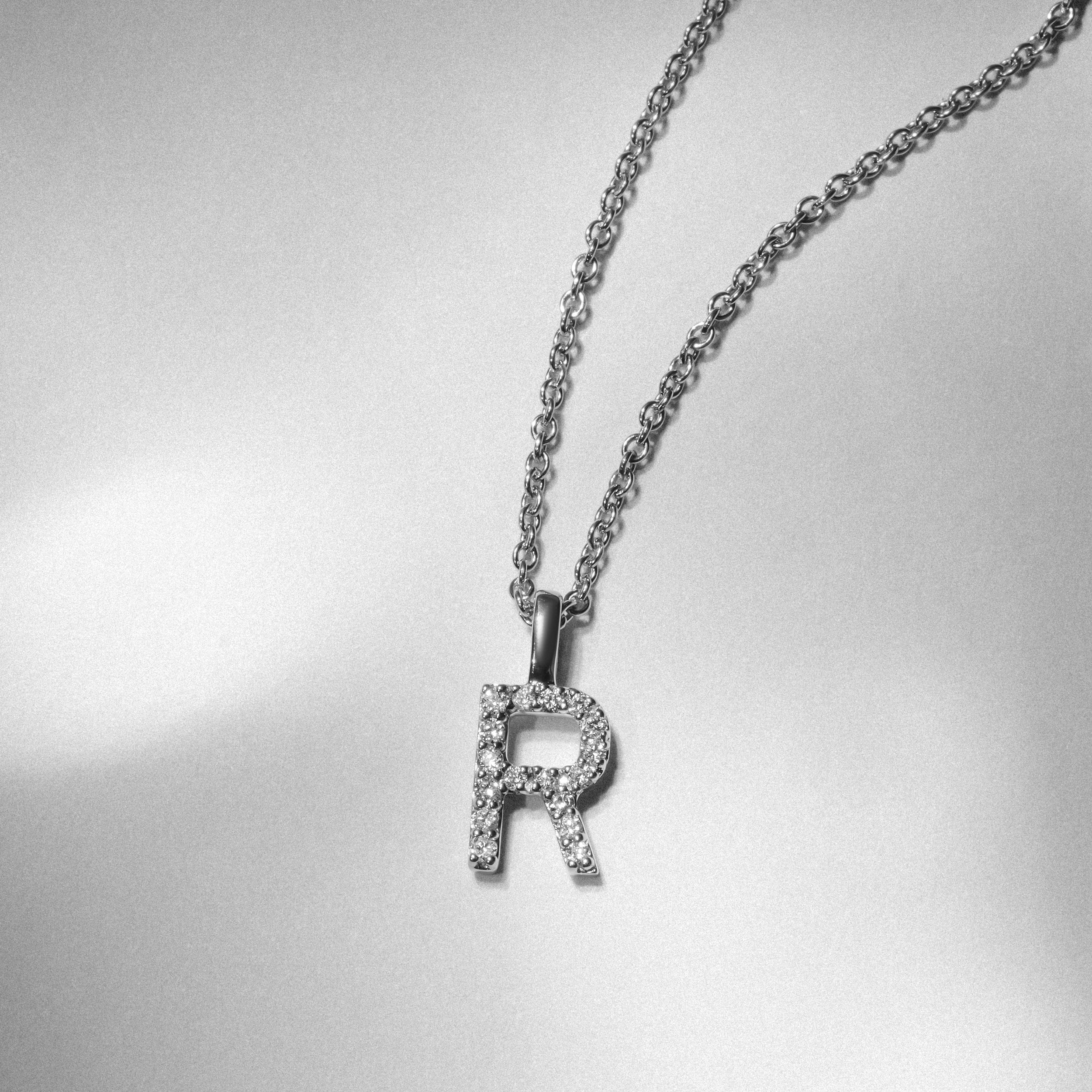 Initial Love Letter Initial R Lab Diamond Necklace set in 9K White Gold