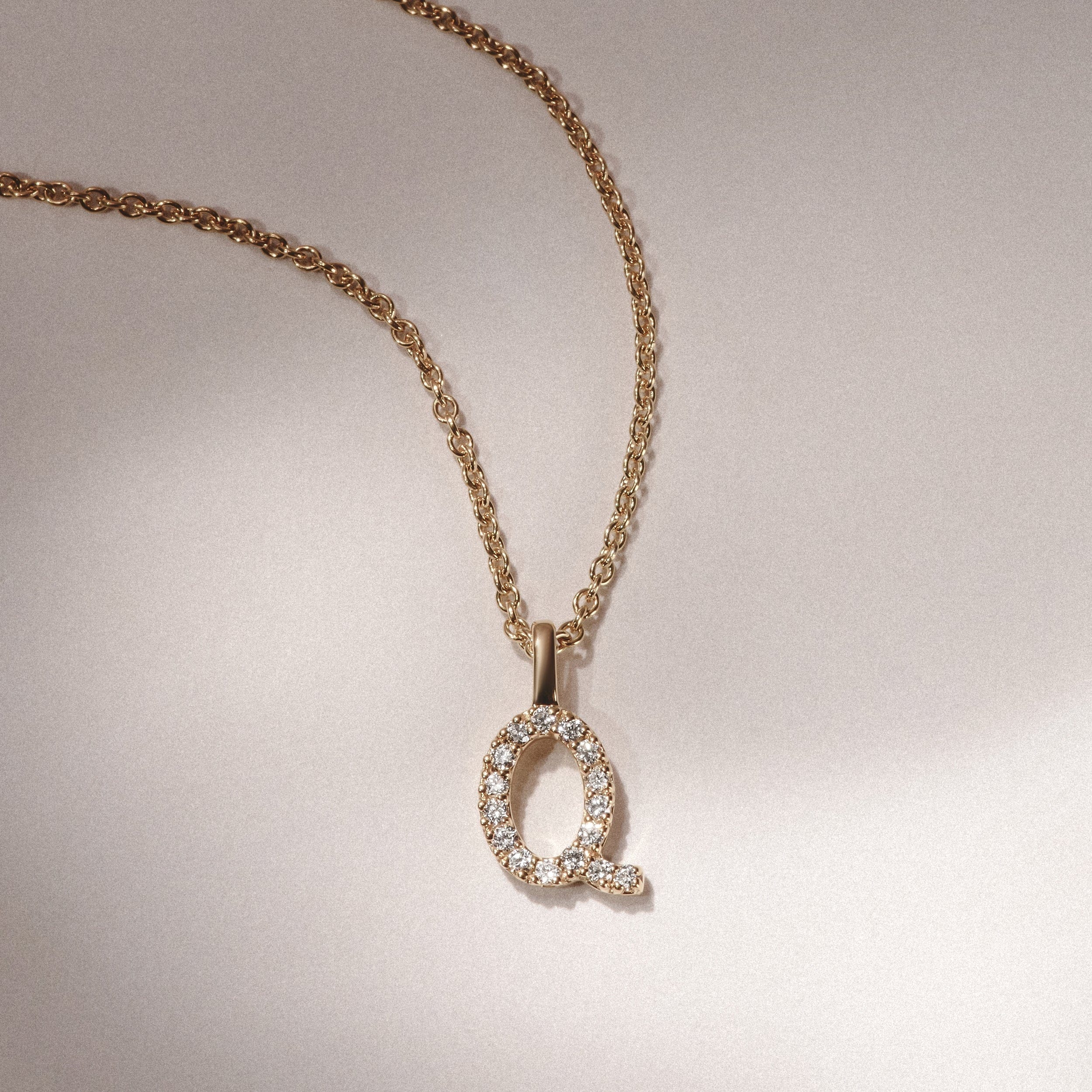 Initial Love Letter Initial Q Lab Diamond Necklace set in 9K Yellow Gold