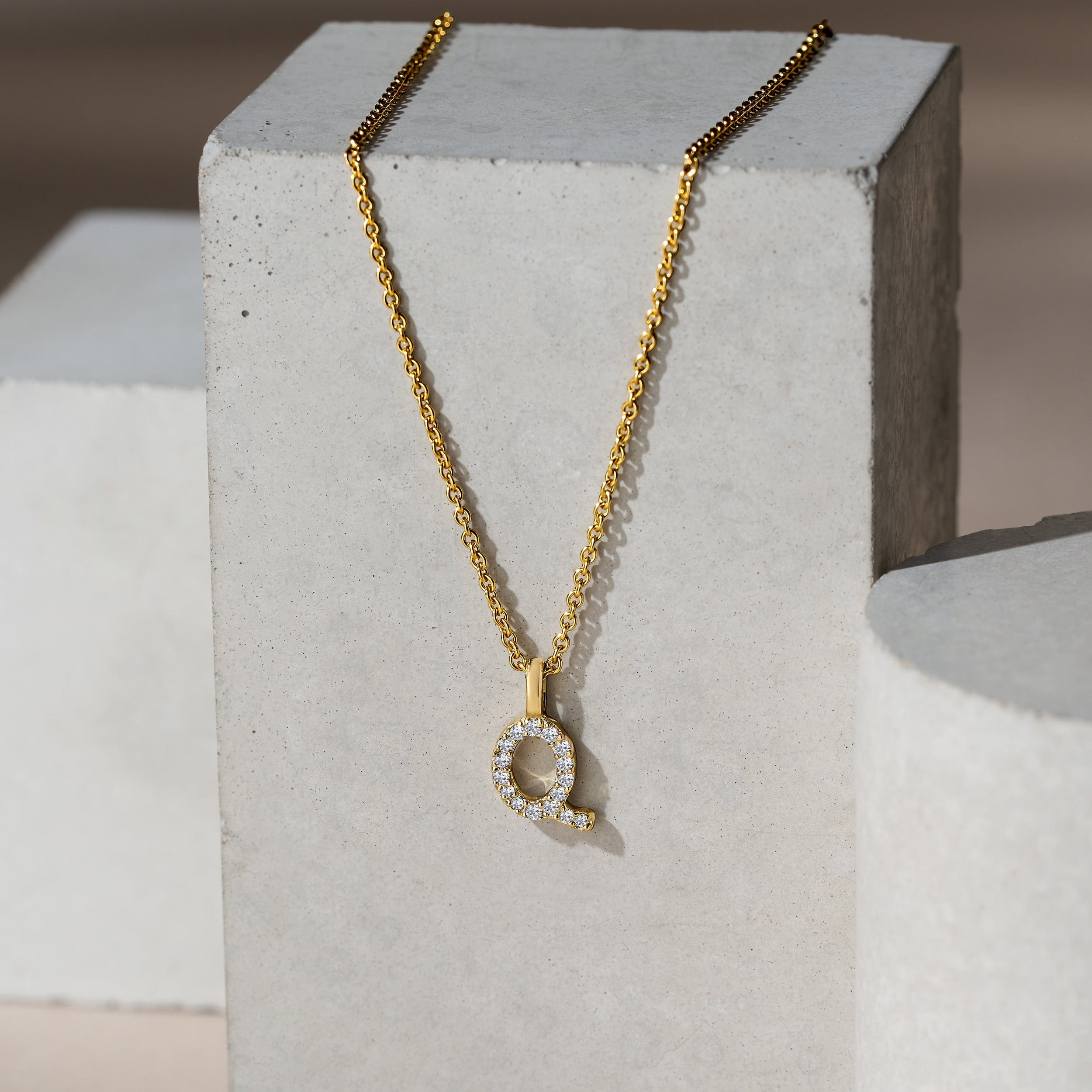 Initial Love Letter Initial Q Lab Diamond Necklace set in 9K Yellow Gold