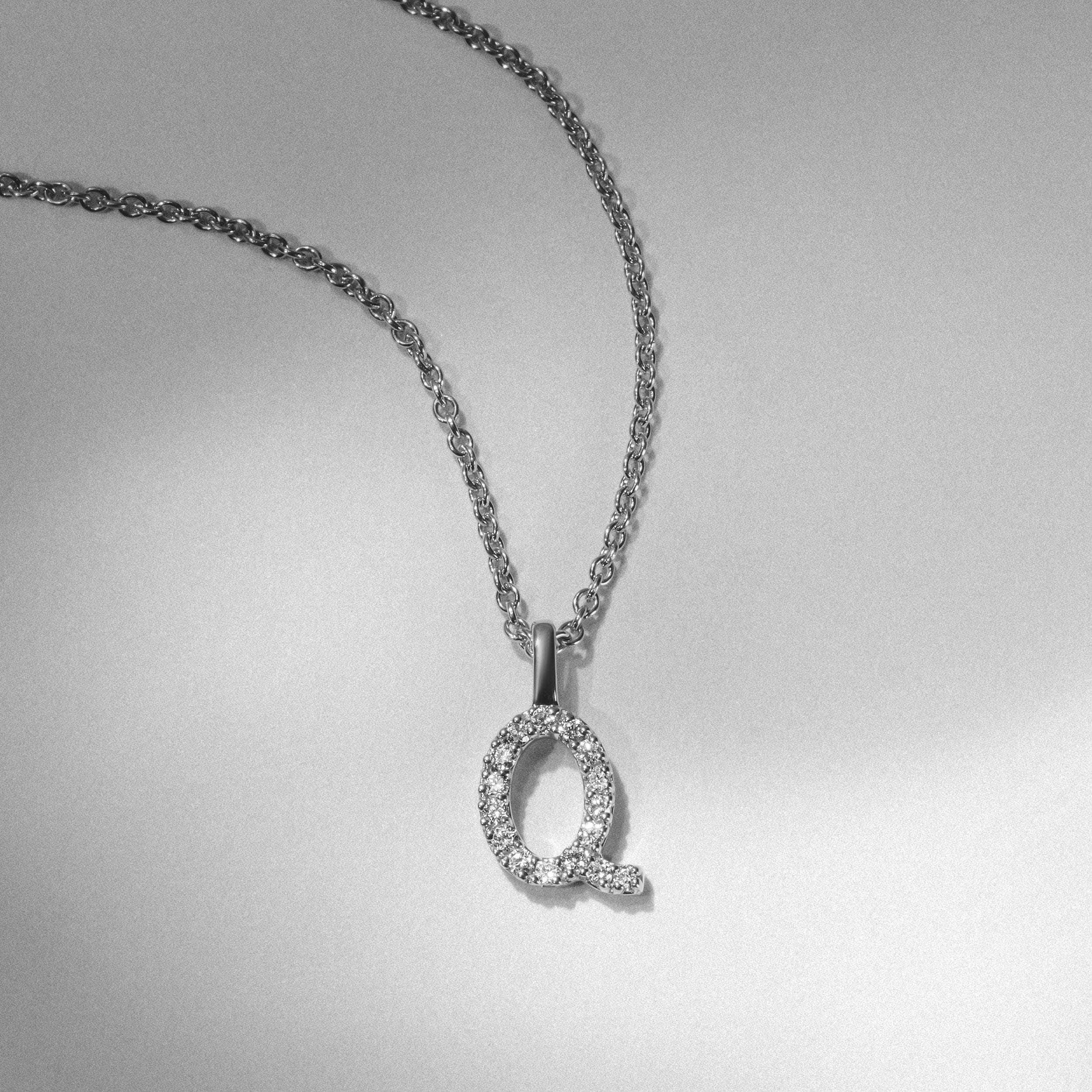 Initial Love Letter Initial Q Lab Diamond Necklace set in 9K White Gold