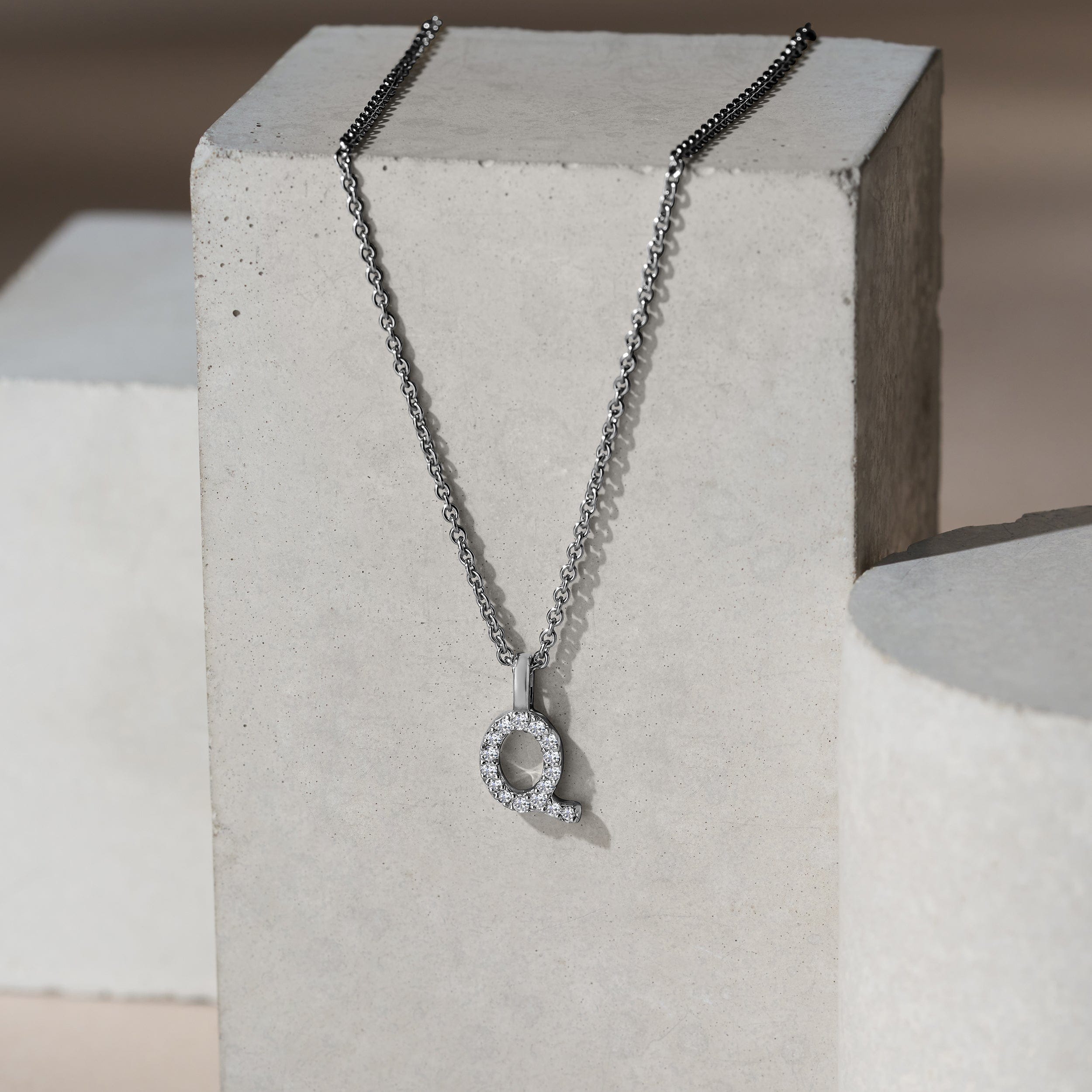 Initial Love Letter Initial Q Lab Diamond Necklace set in 9K White Gold