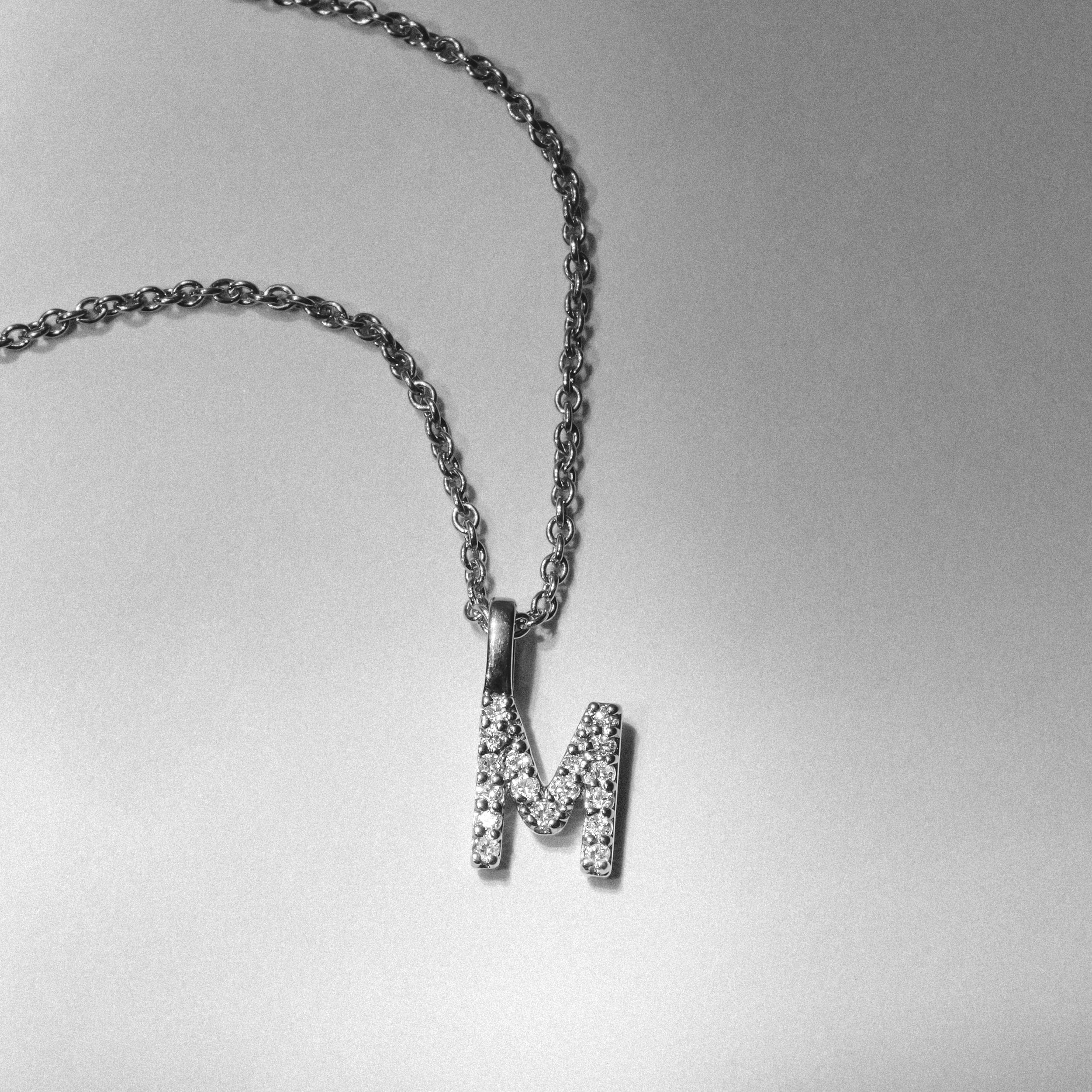 Initial Love Letter Initial M Lab Diamond Necklace set in 9K White Gold