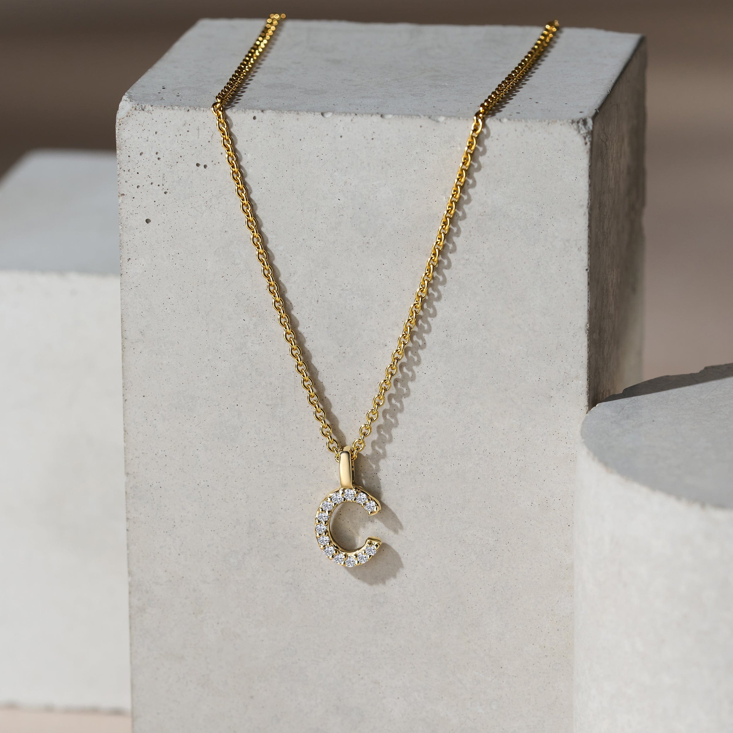 Initial Love Letter Initial C Lab Diamond Necklace set in 9K Yellow Gold