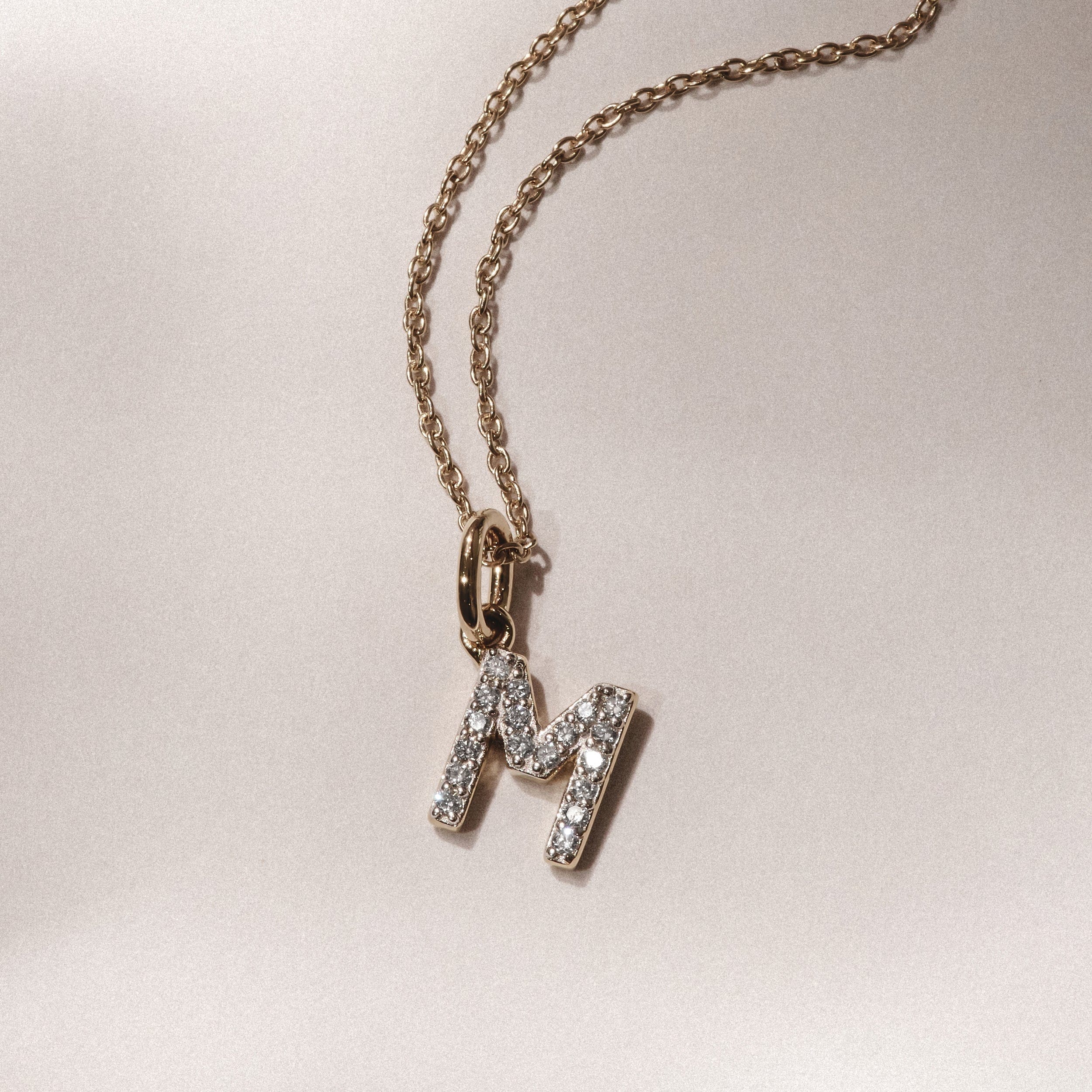 Initial Love Letter Initial M Lab Diamond Necklace set in 18K Gold Vermeil
