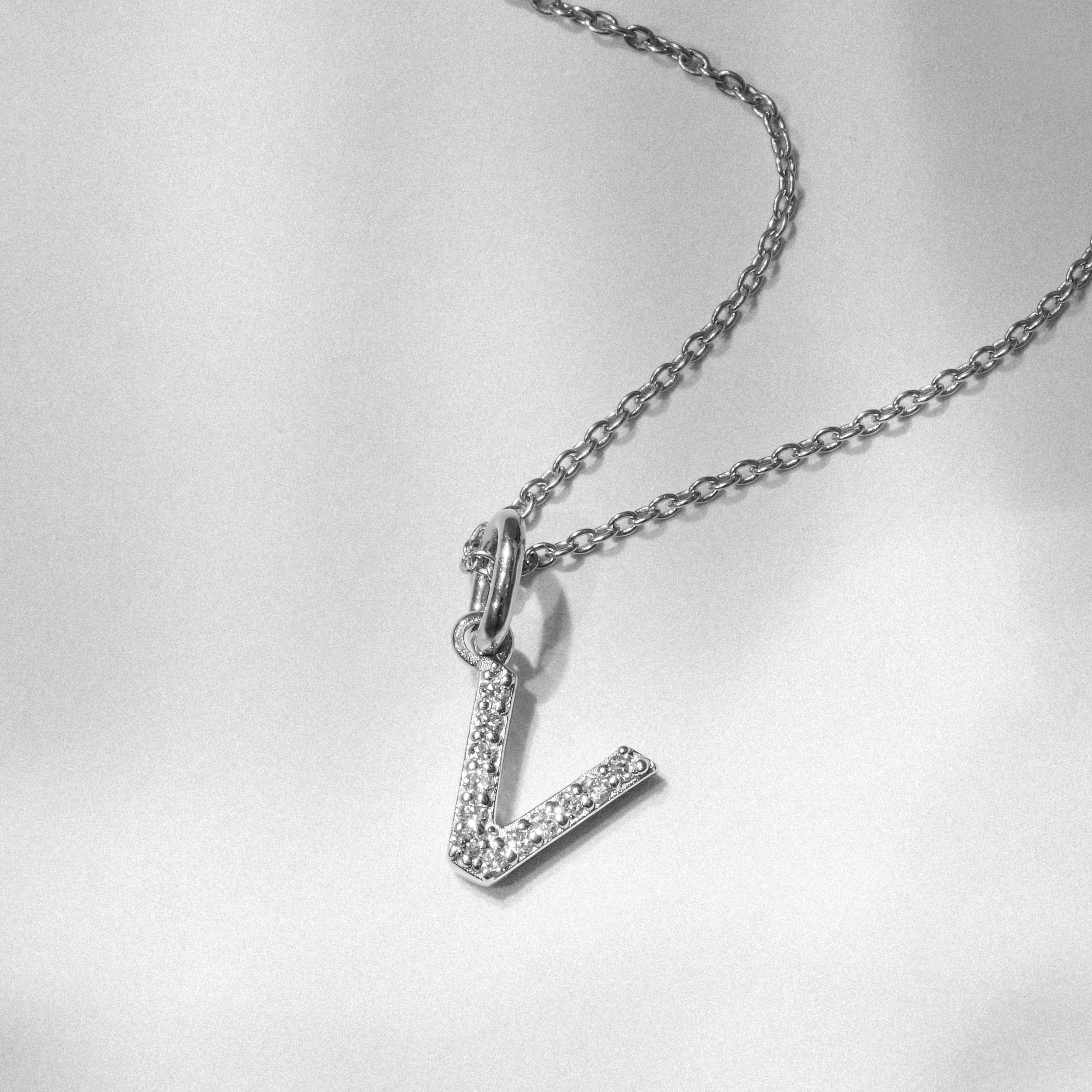 Initial Love Letter Initial V Lab Diamond Necklace set in 925 Sterling Silver