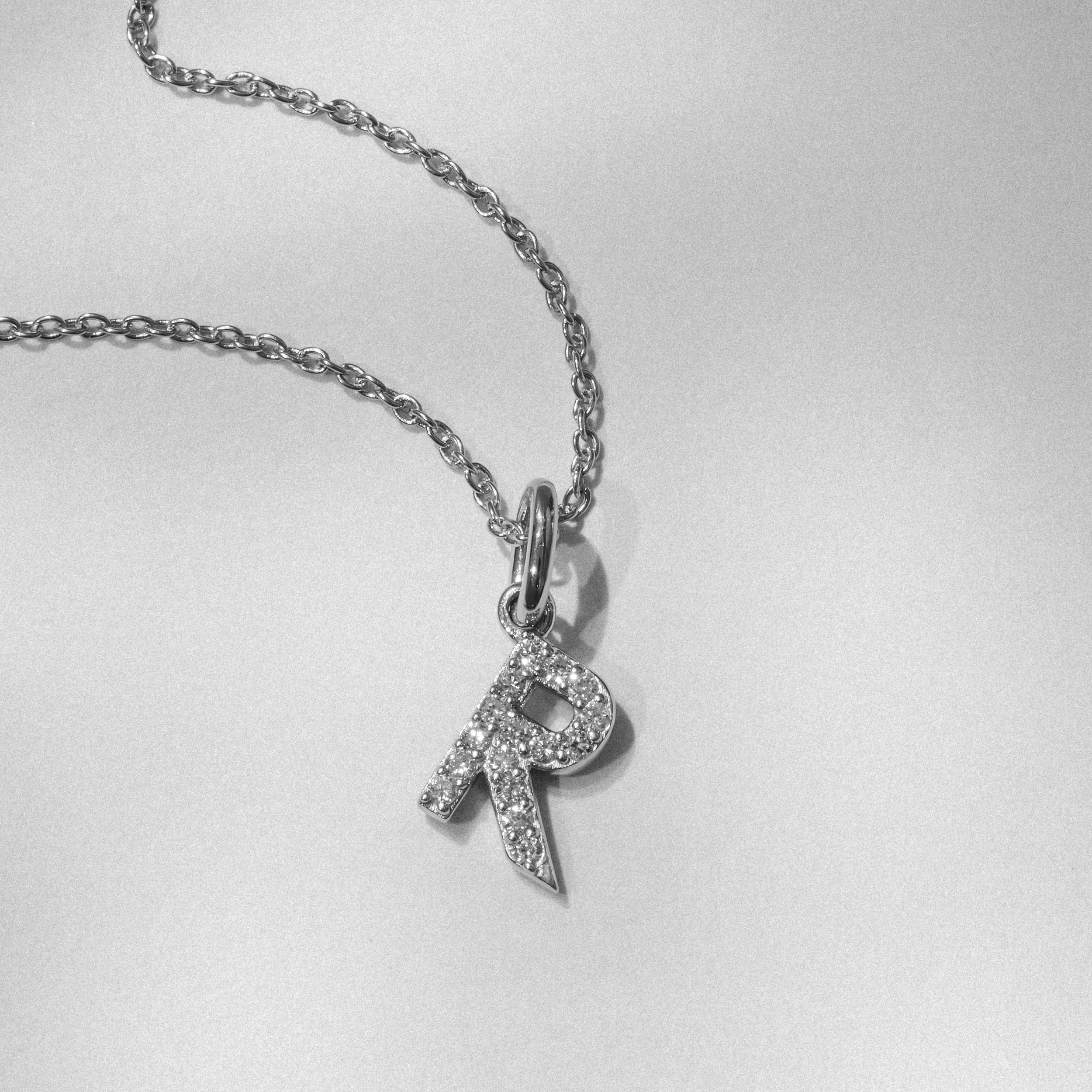 Initial Love Letter Initial R Lab Diamond Necklace set in 925 Sterling Silver