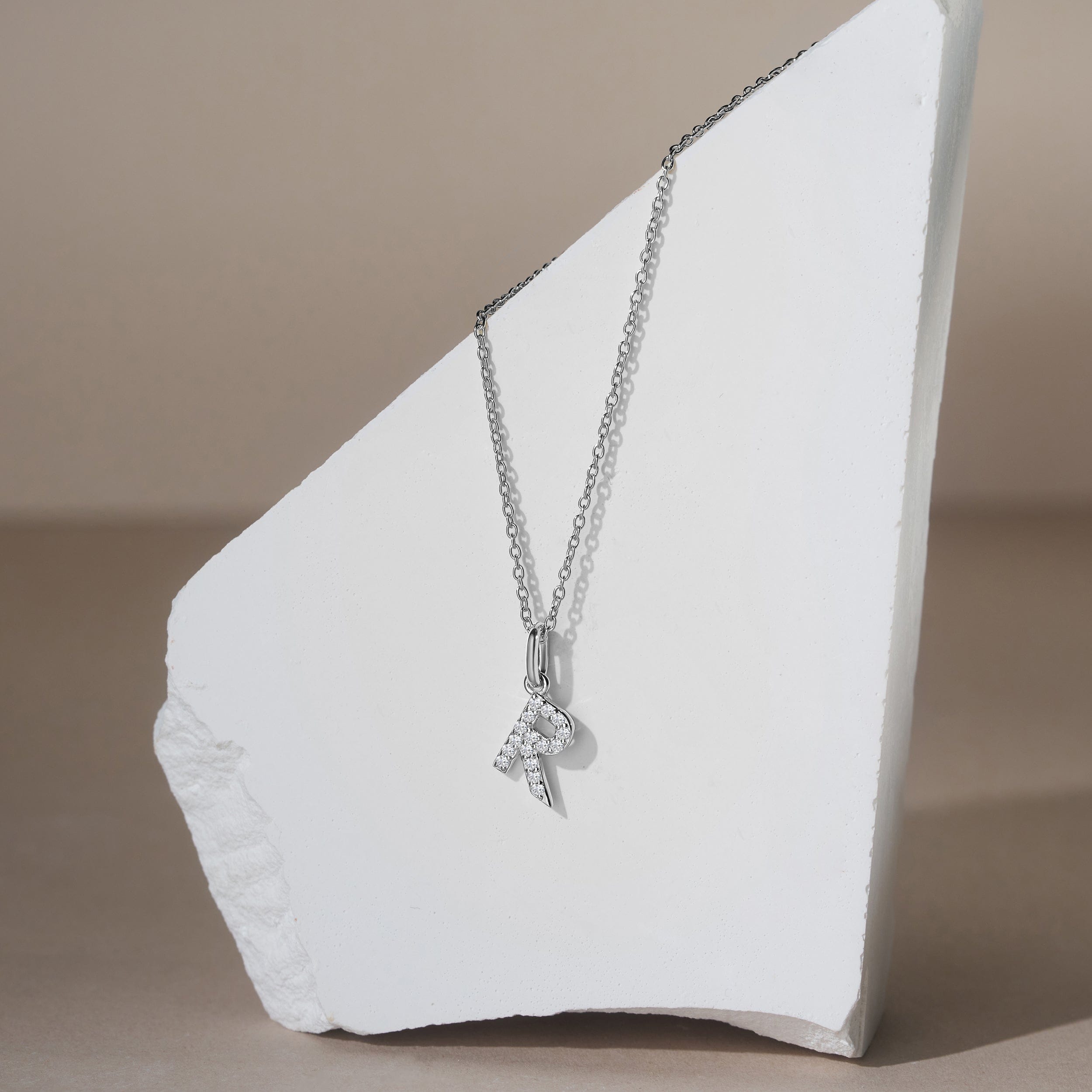 Initial Love Letter Initial R Lab Diamond Necklace set in 925 Sterling Silver
