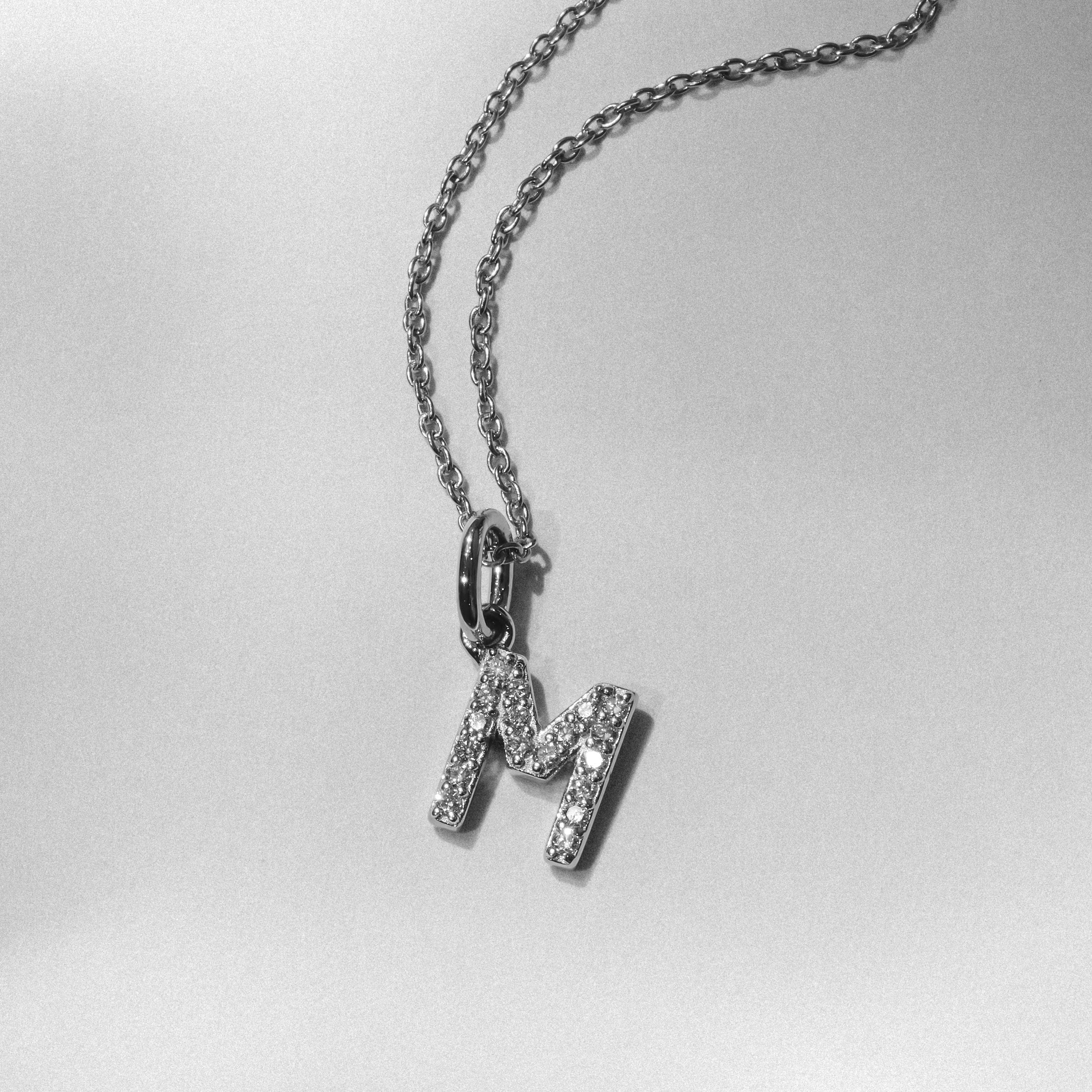 Initial Love Letter Initial M Lab Diamond Necklace set in 925 Sterling Silver