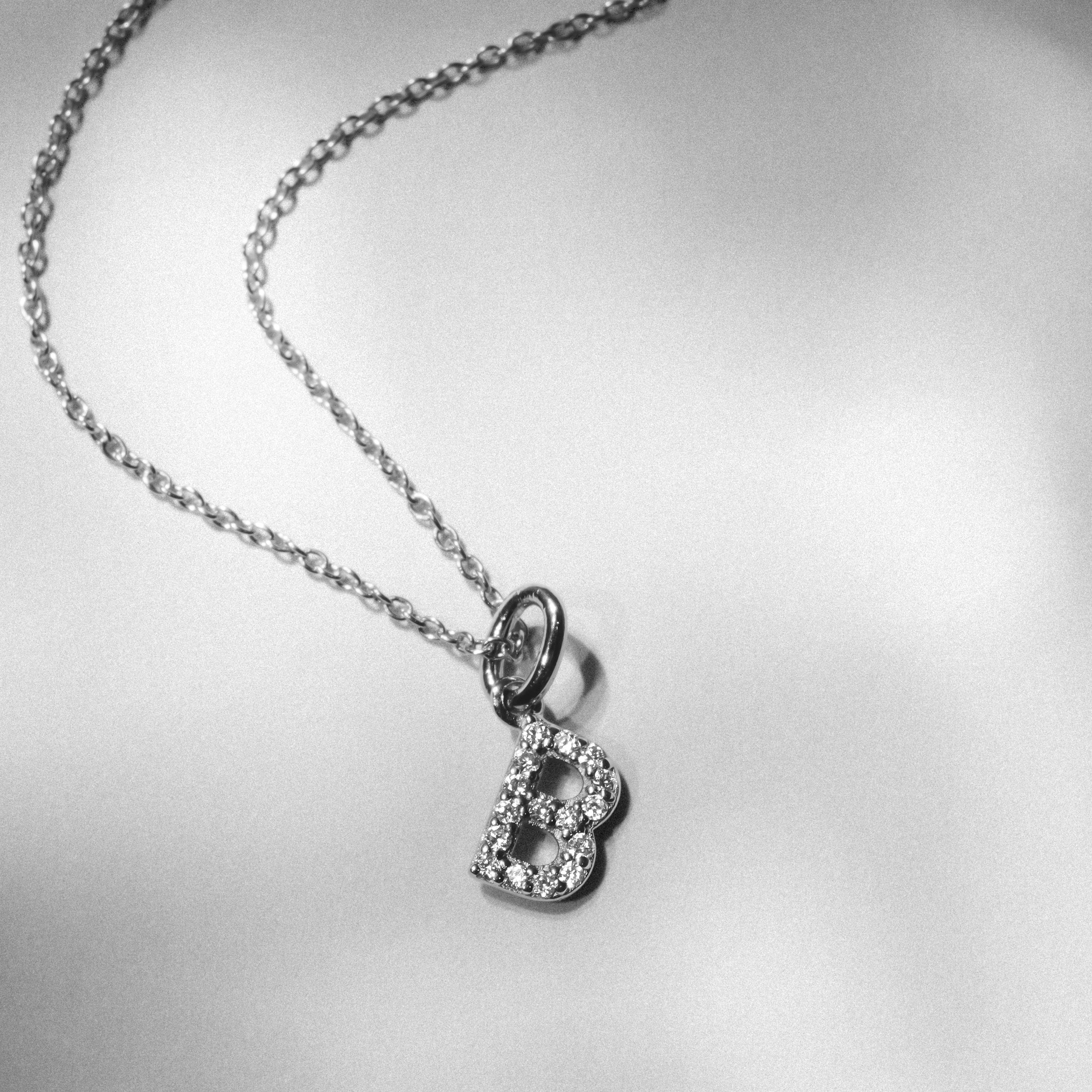 B : Lab Love Letter Initial B Lab Diamond Necklace set in 925 Sterling Silver