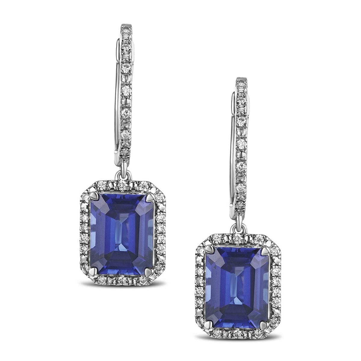 Diamond Astra 4.00ct Lab Sapphire and Diamond Drop Halo Octagon Cut Earrings in Silver