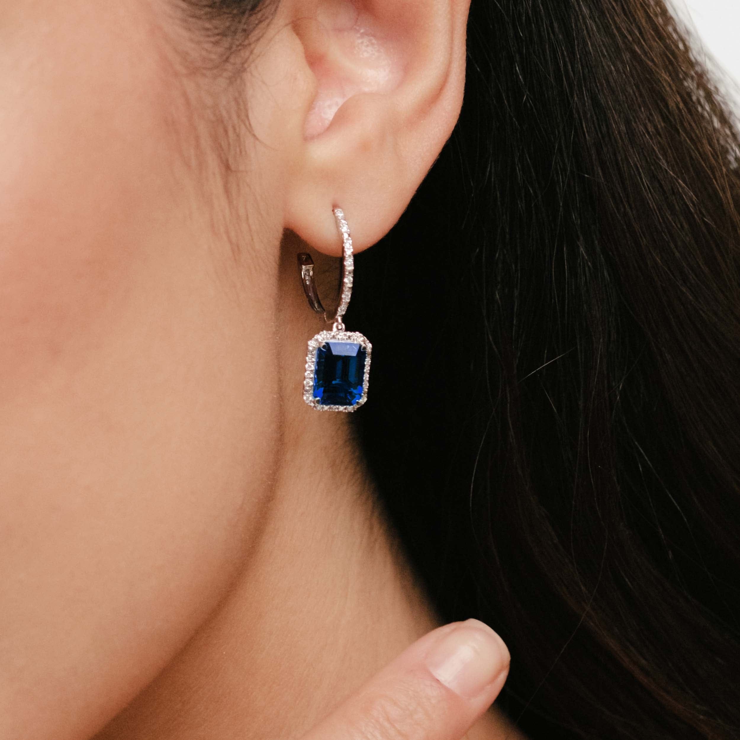 Diamond Astra 4.00ct Lab Sapphire and Diamond Drop Halo Octagon Cut Earrings in Silver