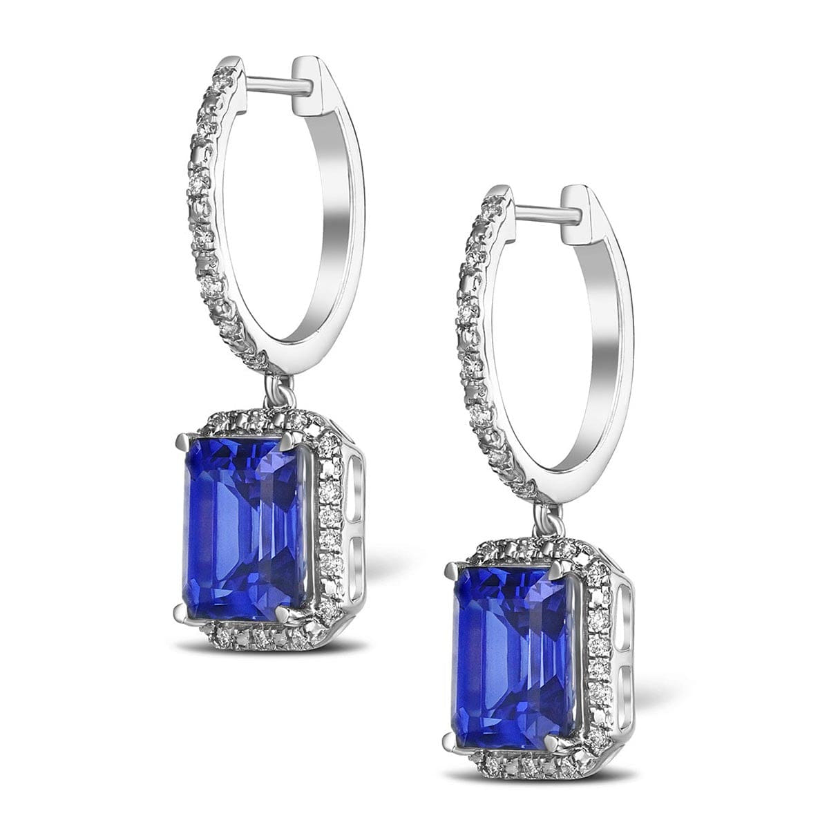 Diamond Astra 4.00ct Lab Sapphire and Diamond Drop Halo Octagon Cut Earrings in Silver