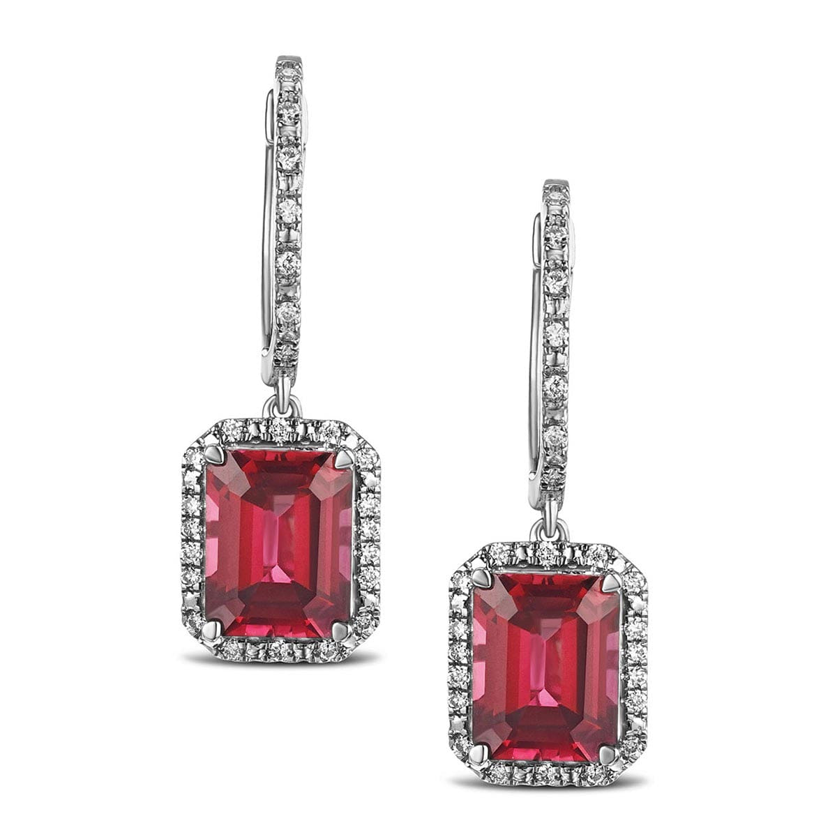 Diamond Astra 3.50ct Lab Ruby and Diamond Drop Halo Octagon Cut Earrings in Silver
