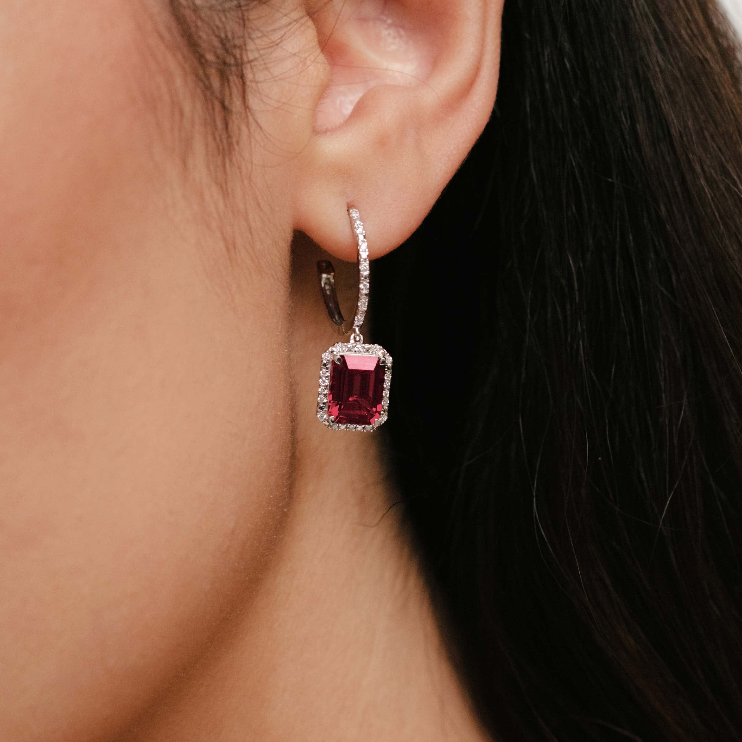 Diamond Astra 3.50ct Lab Ruby and Diamond Drop Halo Octagon Cut Earrings in Silver