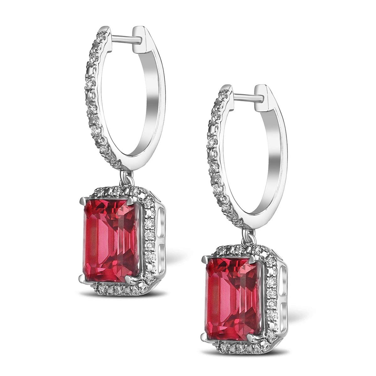 Diamond Astra 3.50ct Lab Ruby and Diamond Drop Halo Octagon Cut Earrings in Silver