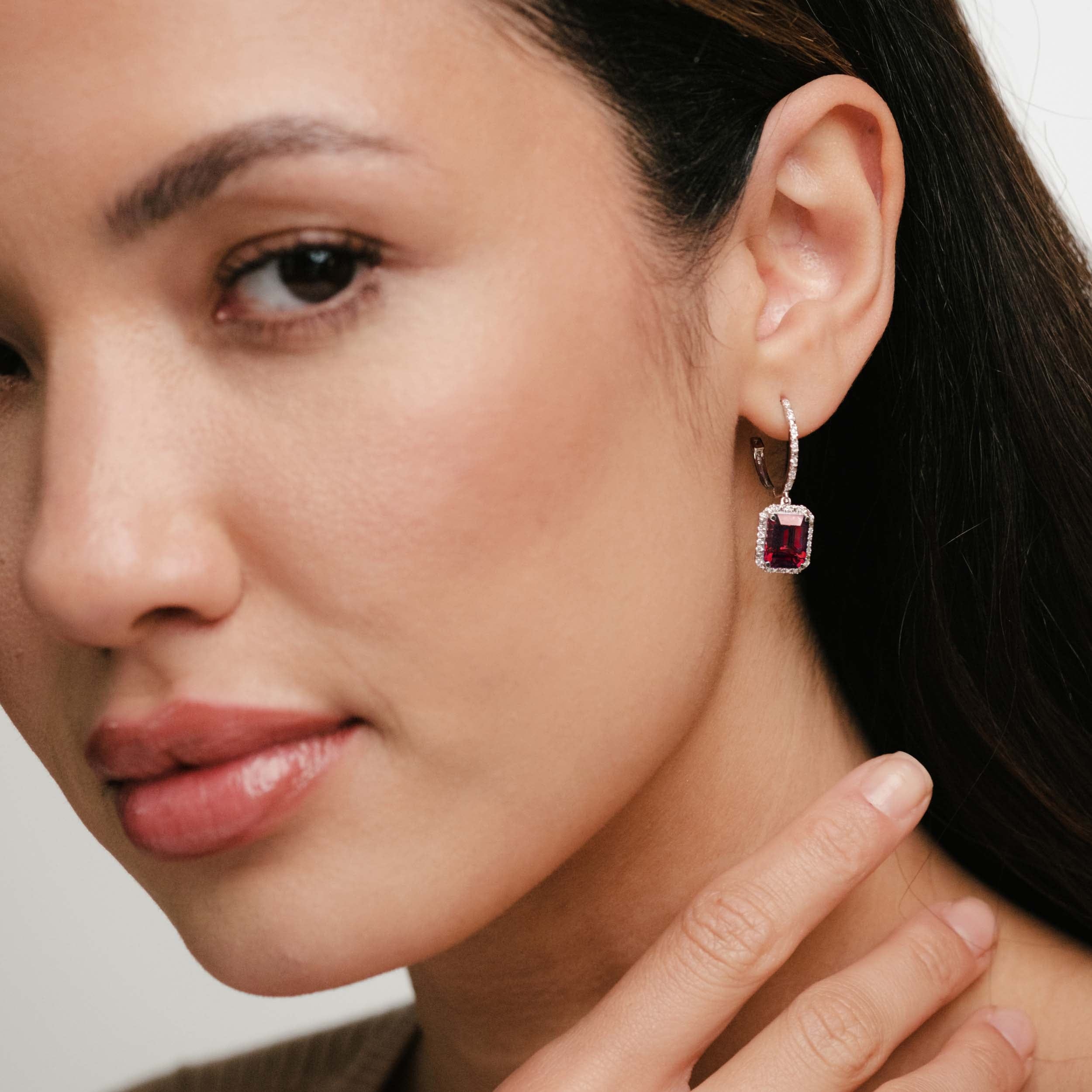 Diamond Astra 3.50ct Lab Ruby and Diamond Drop Halo Octagon Cut Earrings in Silver