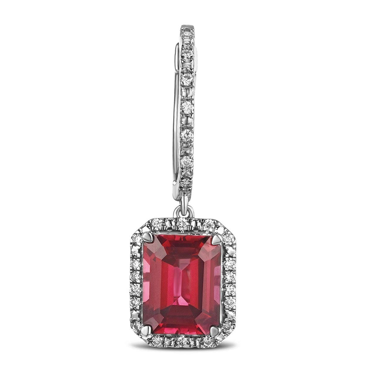 Diamond Astra 3.50ct Lab Ruby and Diamond Drop Halo Octagon Cut Earrings in Silver