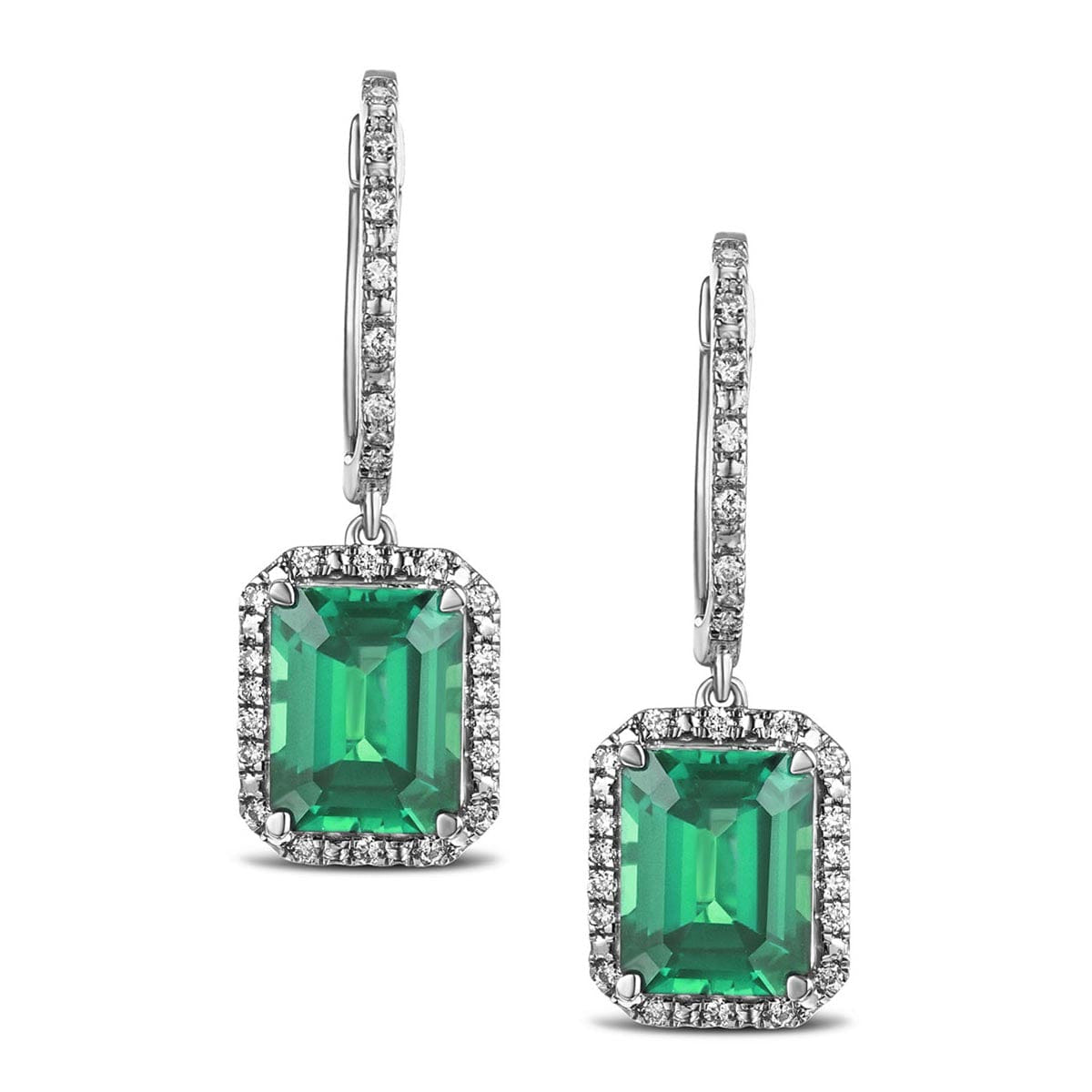 Diamond Astra 3.00ct Lab Emerald and Diamond Drop Halo Octagon Cut Earrings in Silver