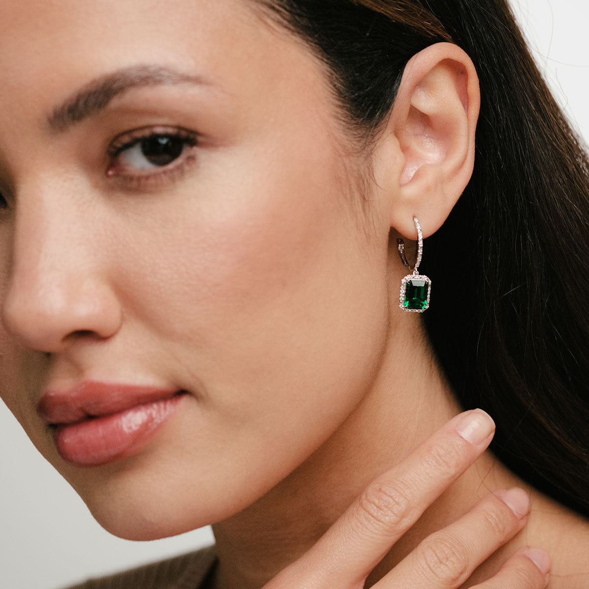 Diamond Astra 3.00ct Lab Emerald and Diamond Drop Halo Octagon Cut Earrings in Silver