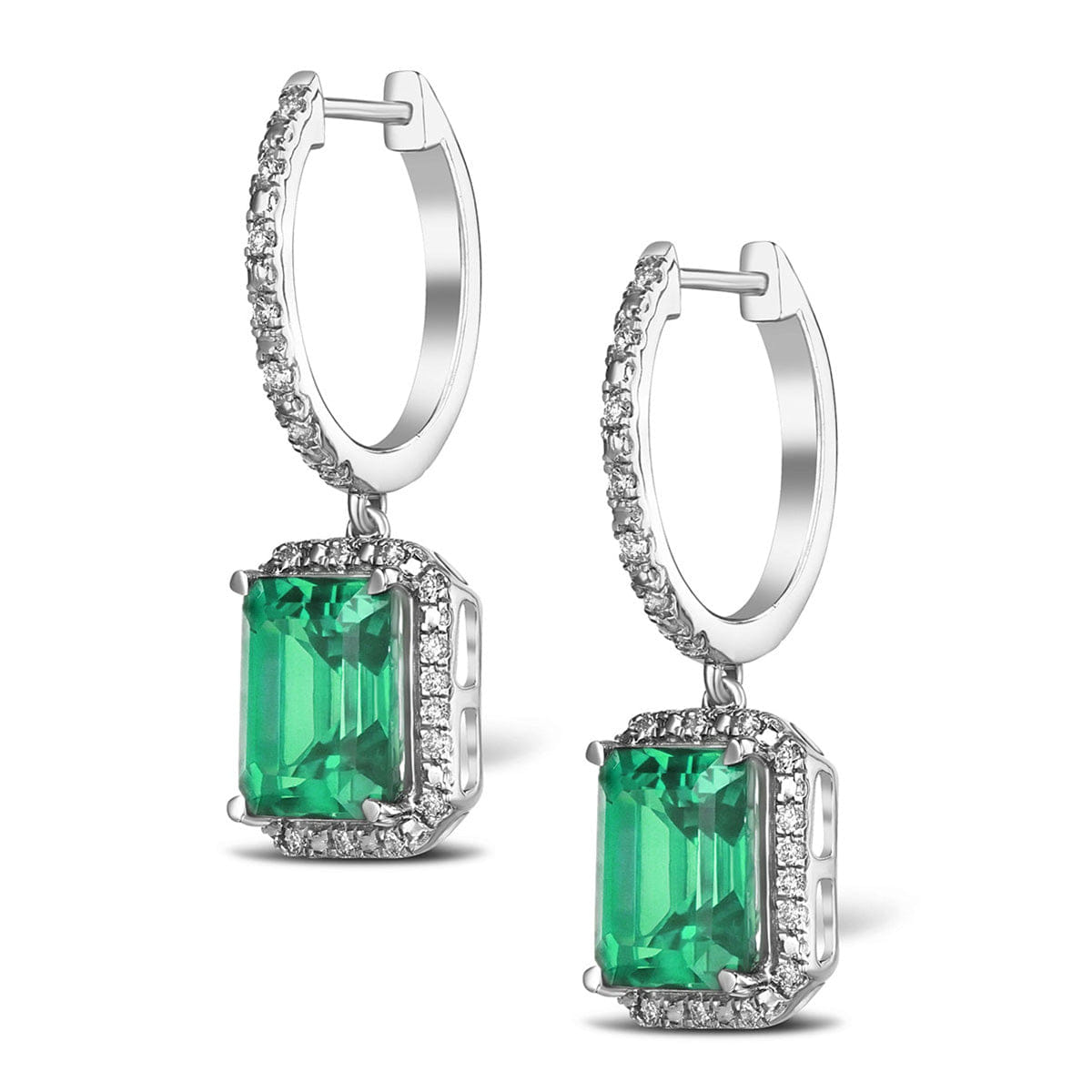 Diamond Astra 3.00ct Lab Emerald and Diamond Drop Halo Octagon Cut Earrings in Silver
