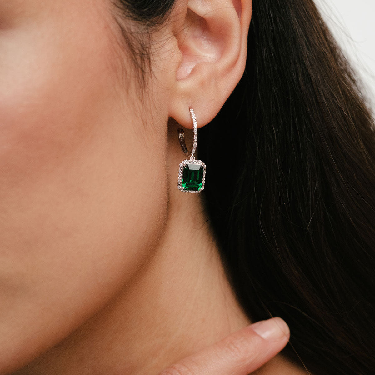 Diamond Astra 3.00ct Lab Emerald and Diamond Drop Halo Octagon Cut Earrings in Silver