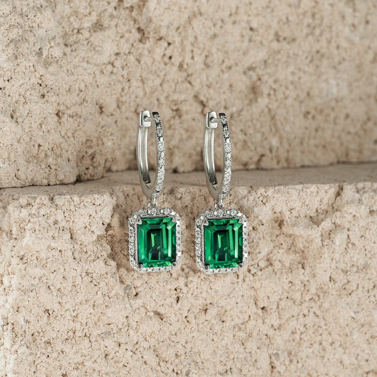 Diamond Astra 3.00ct Lab Emerald and Diamond Drop Halo Octagon Cut Earrings in Silver