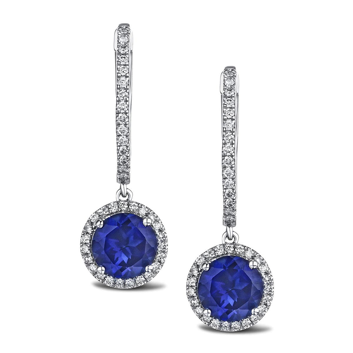 Diamond Astra 7.00ct Lab Sapphire and Diamond Drop Halo Round Cut Earrings in Silver