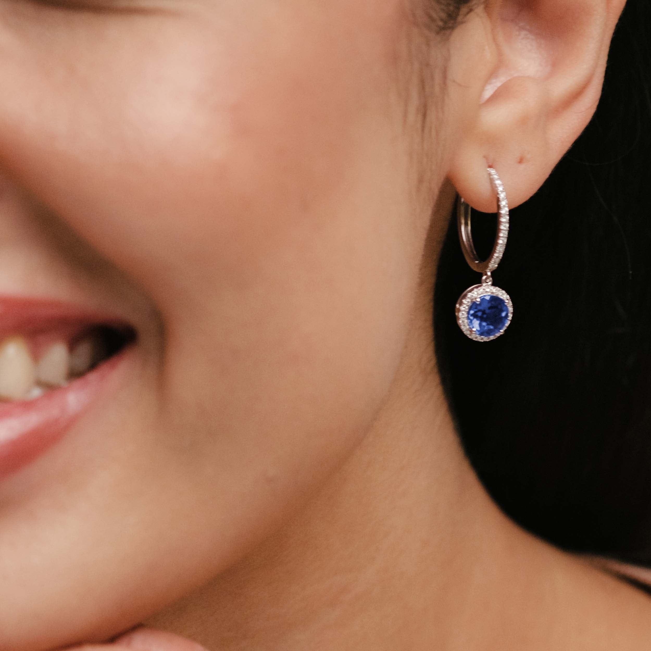 Diamond Astra 7.00ct Lab Sapphire and Diamond Drop Halo Round Cut Earrings in Silver