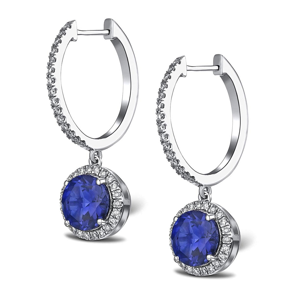 Diamond Astra 7.00ct Lab Sapphire and Diamond Drop Halo Round Cut Earrings in Silver