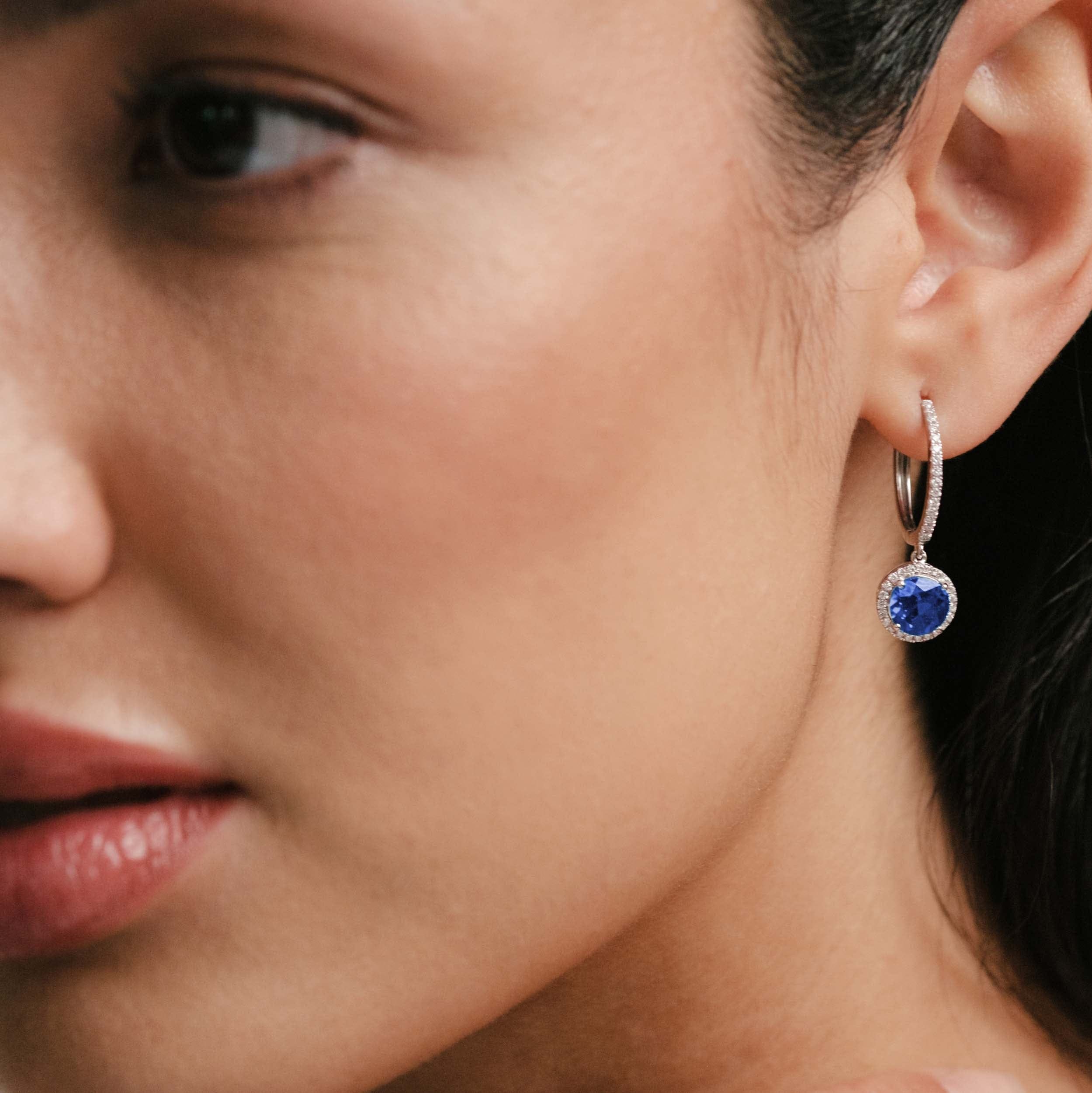 Diamond Astra 7.00ct Lab Sapphire and Diamond Drop Halo Round Cut Earrings in Silver