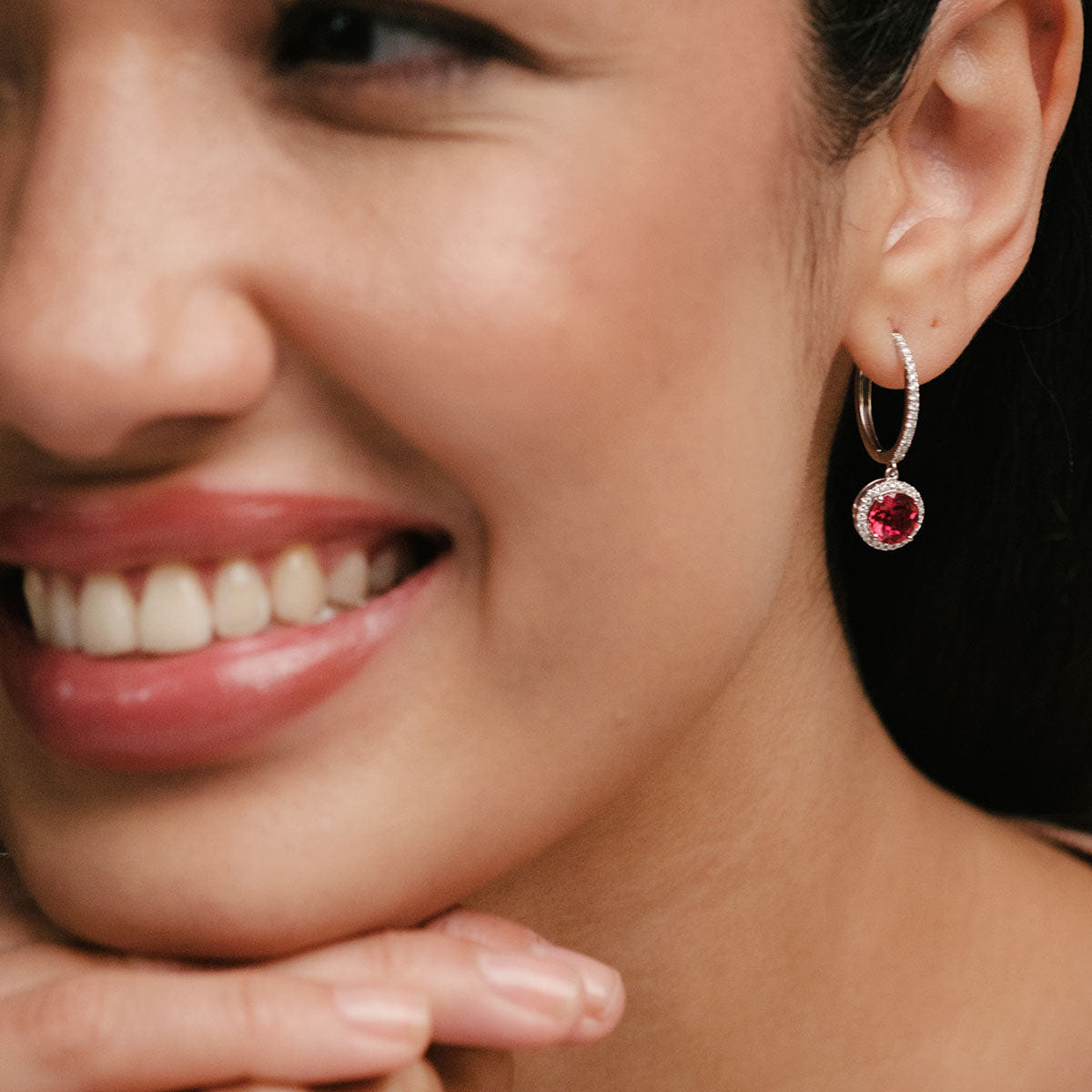 Diamond Astra 7.10ct Lab Ruby and Diamond Drop Halo Round Cut Earrings in Silver