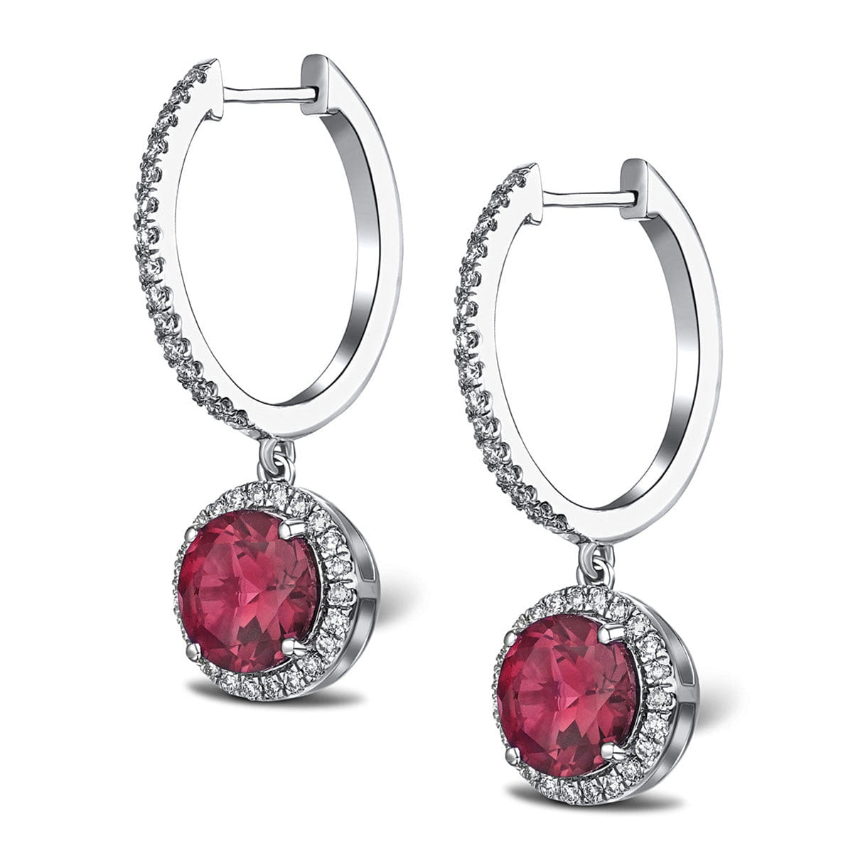 Diamond Astra 7.10ct Lab Ruby and Diamond Drop Halo Round Cut Earrings in Silver