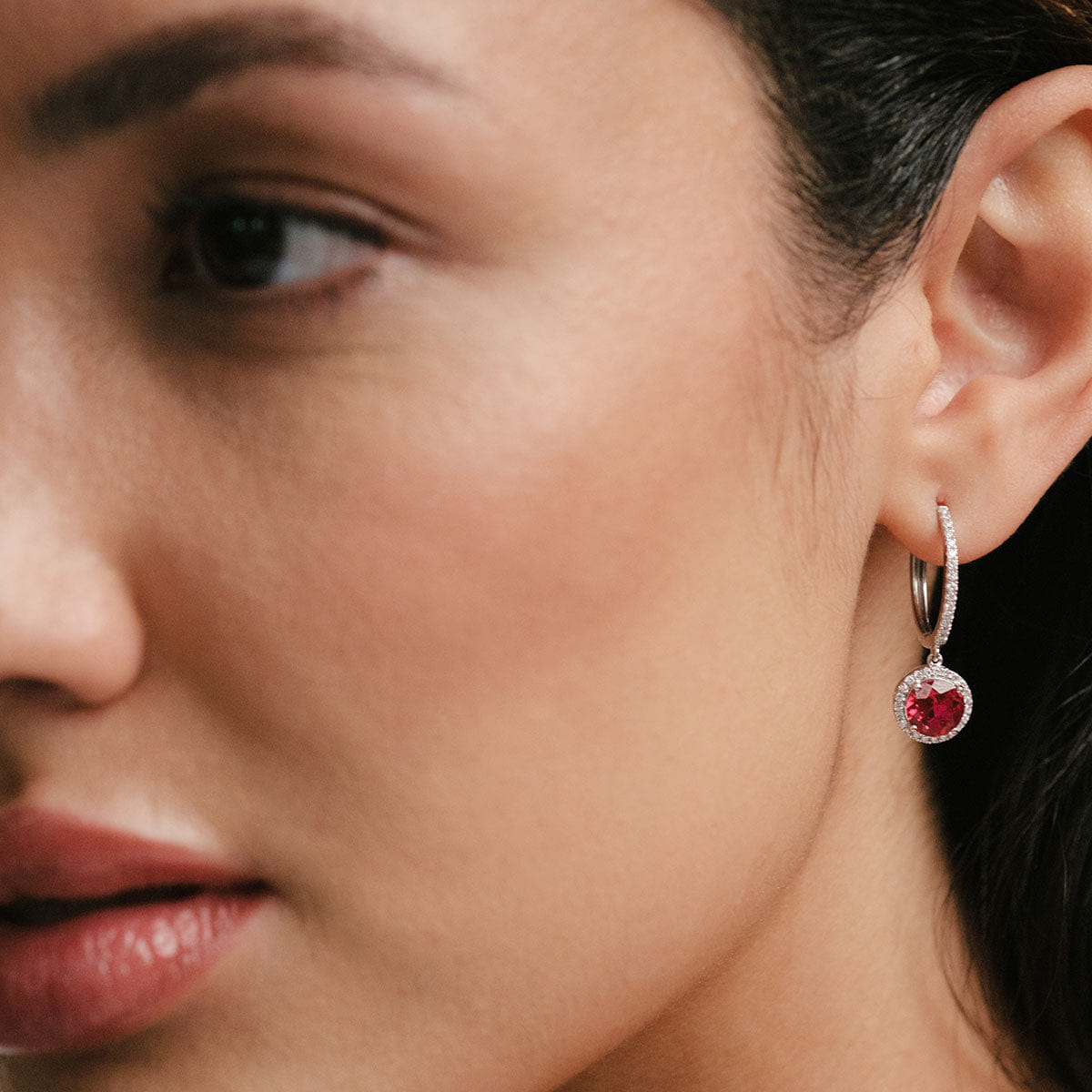 Diamond Astra 7.10ct Lab Ruby and Diamond Drop Halo Round Cut Earrings in Silver