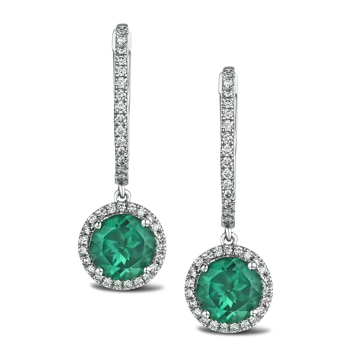 Diamond Astra 4.70ct Lab Emerald and Diamond Drop Halo Round Cut Earrings in Silver