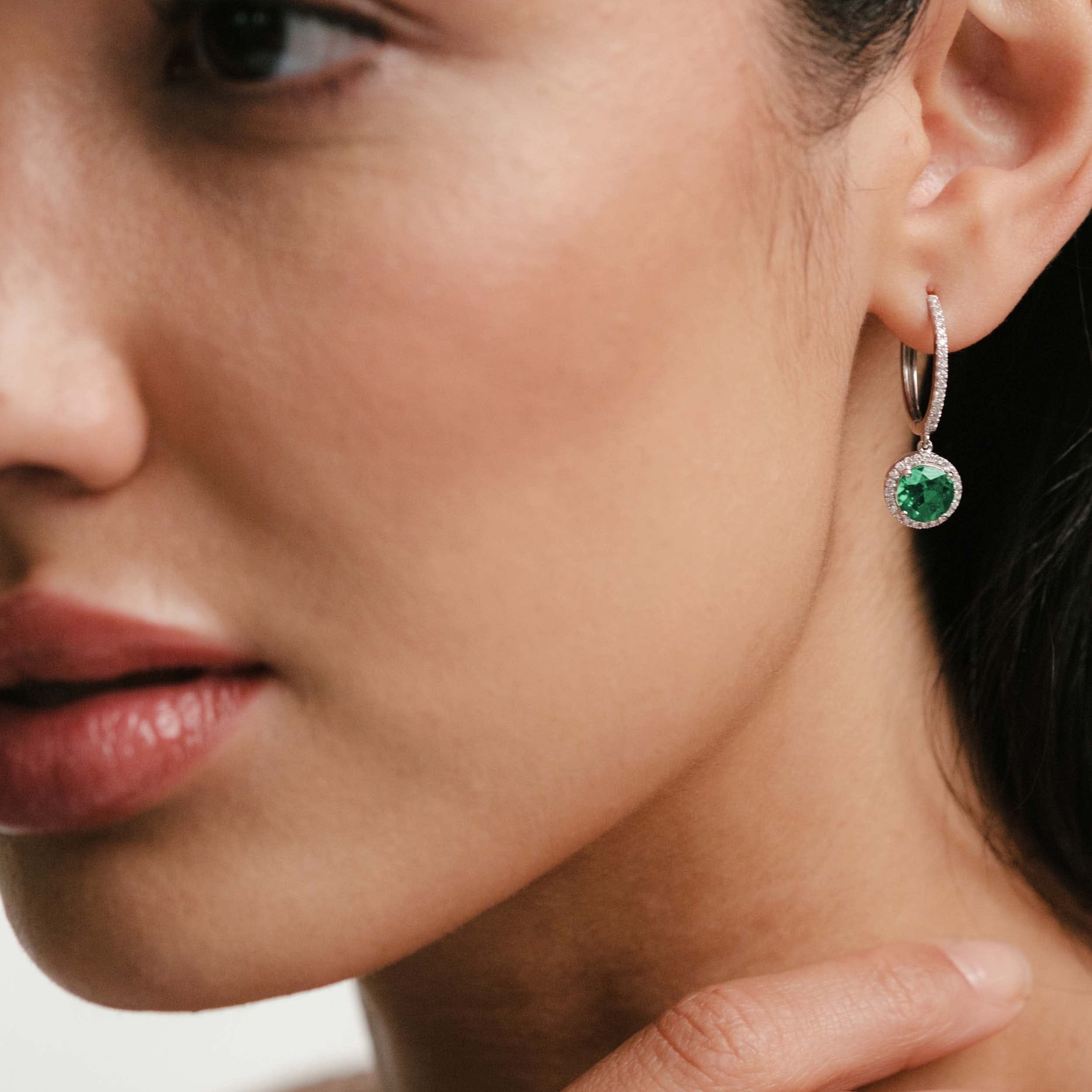Diamond Astra 4.70ct Lab Emerald and Diamond Drop Halo Round Cut Earrings in Silver