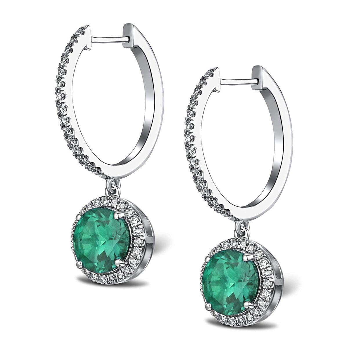 Diamond Astra 4.70ct Lab Emerald and Diamond Drop Halo Round Cut Earrings in Silver