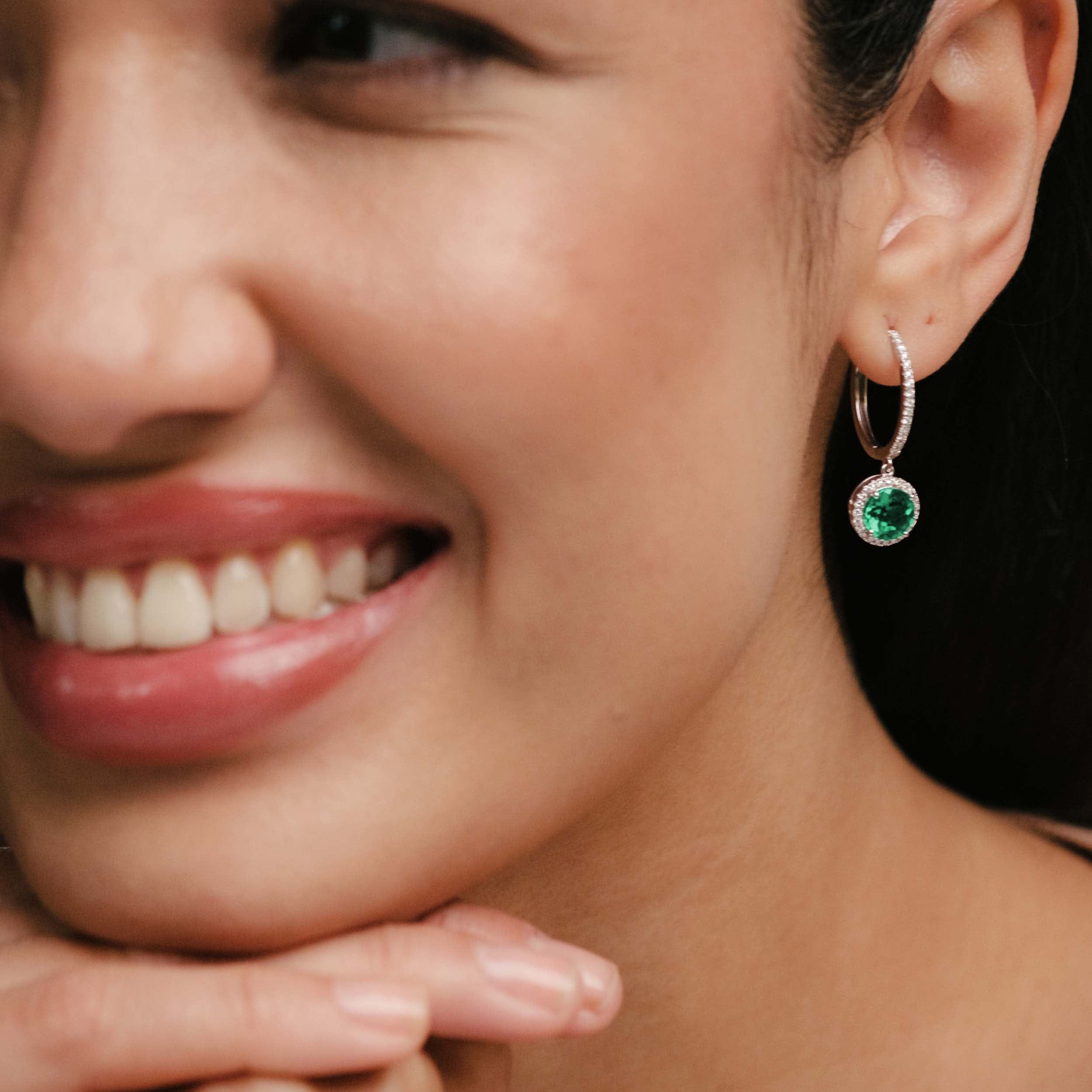 Diamond Astra 4.70ct Lab Emerald and Diamond Drop Halo Round Cut Earrings in Silver