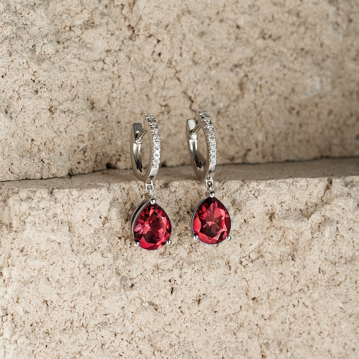 Diamond Astra 6.80ct Lab Ruby and Diamond Drop Pear Cut Earrings in Silver