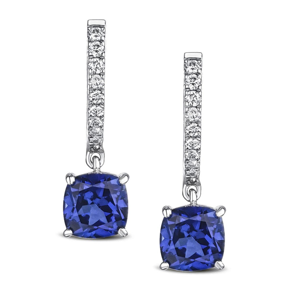 Diamond Astra 4.70t Lab Sapphire and Diamond Drop Cushion Cut Earrings in Silver