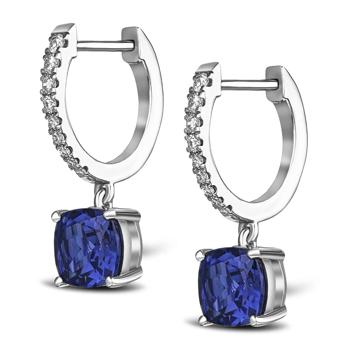 Diamond Astra 4.70t Lab Sapphire and Diamond Drop Cushion Cut Earrings in Silver