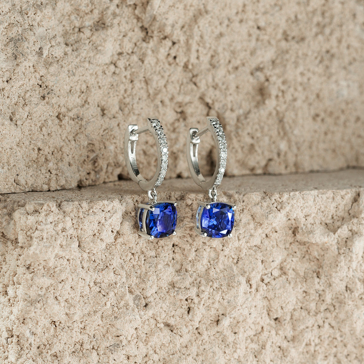 Diamond Astra 4.70t Lab Sapphire and Diamond Drop Cushion Cut Earrings in Silver