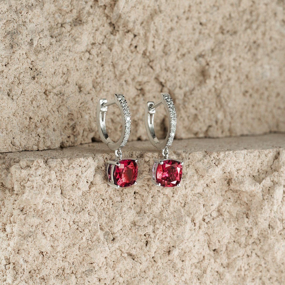 Diamond Astra 4.00ct Lab Ruby and Diamond Drop Cushion Cut Earrings in Silver
