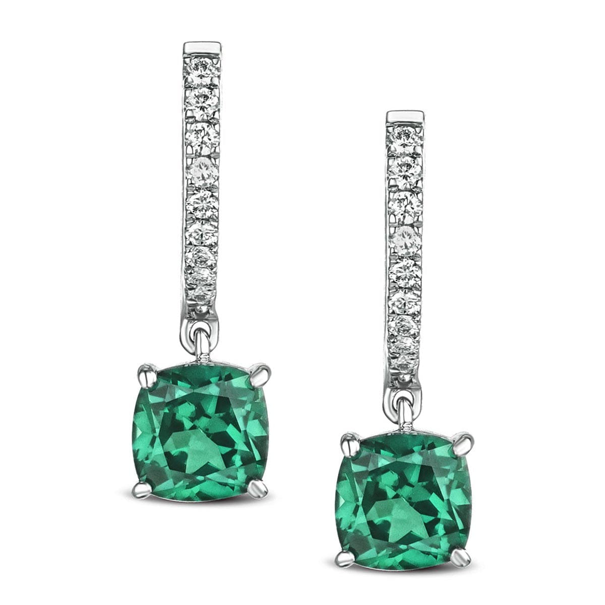 Diamond Astra 3.40ct Lab Emerald and Diamond Drop Cushion Cut Earrings in Silver