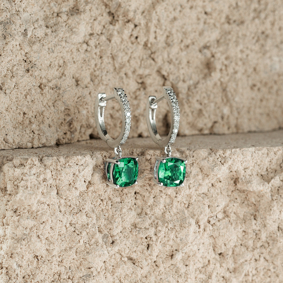 Diamond Astra 3.40ct Lab Emerald and Diamond Drop Cushion Cut Earrings in Silver