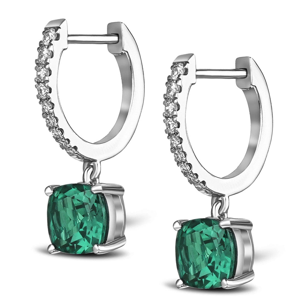 Diamond Astra 3.40ct Lab Emerald and Diamond Drop Cushion Cut Earrings in Silver