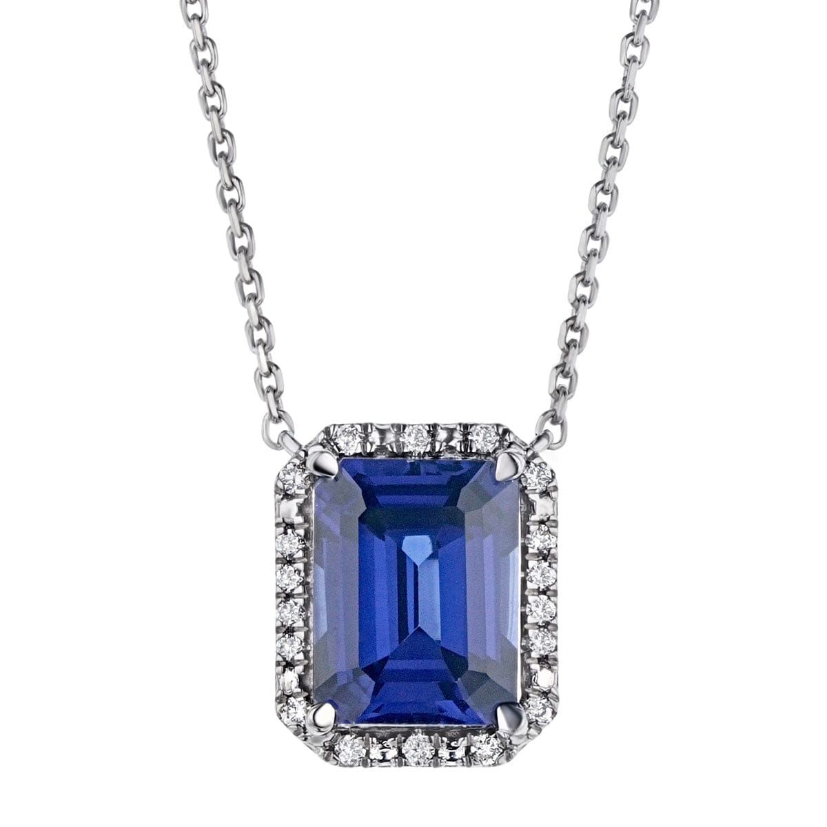 Diamond Astra 2.00ct Lab Sapphire and Diamond Halo Octagon Cut Necklace in Silver