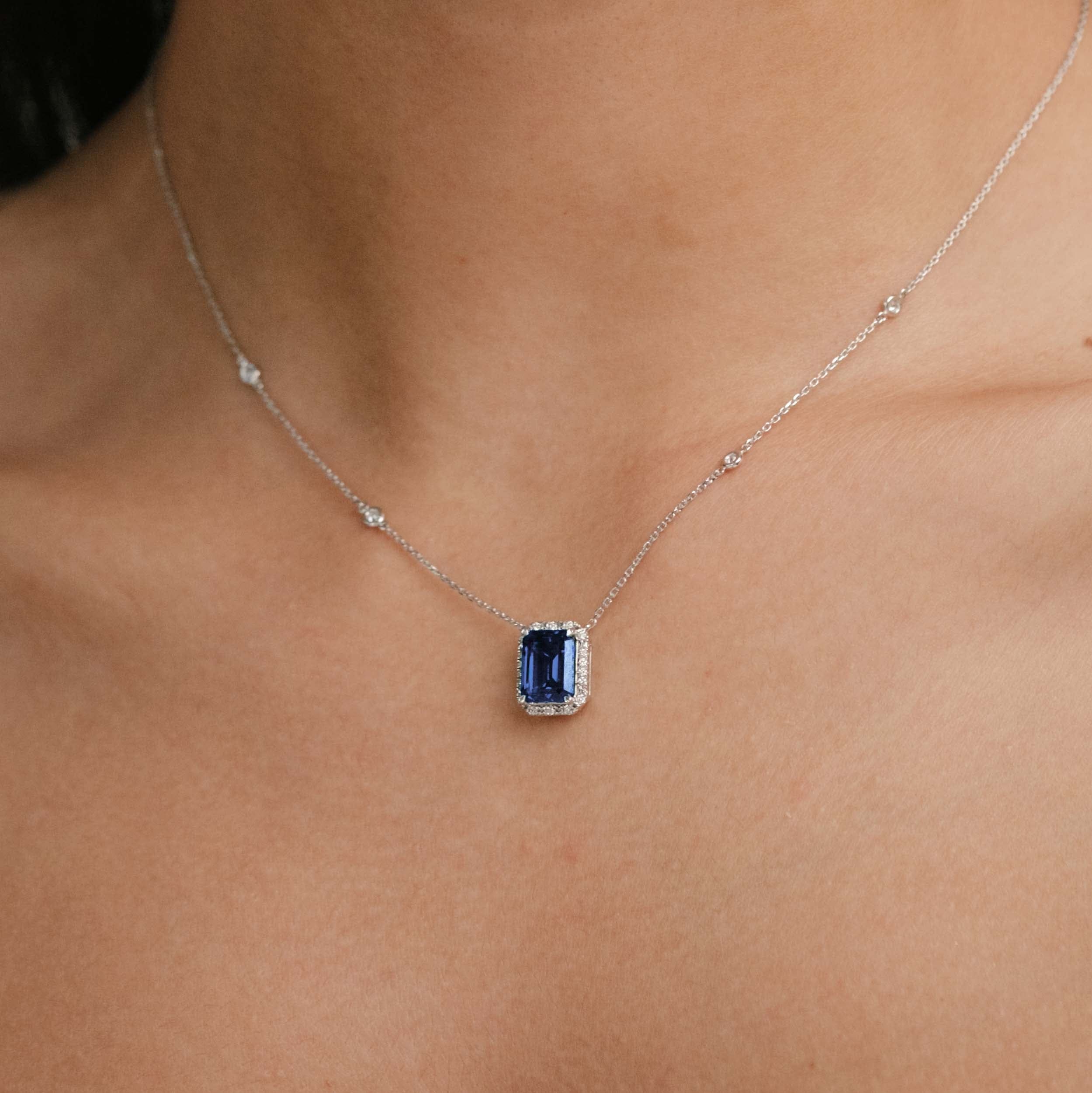 Diamond Astra 2.00ct Lab Sapphire and Diamond Halo Octagon Cut Necklace in Silver