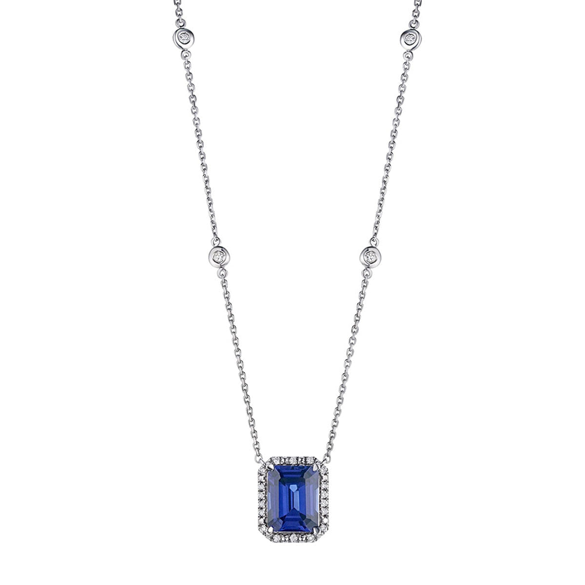 Diamond Astra 2.00ct Lab Sapphire and Diamond Halo Octagon Cut Necklace in Silver