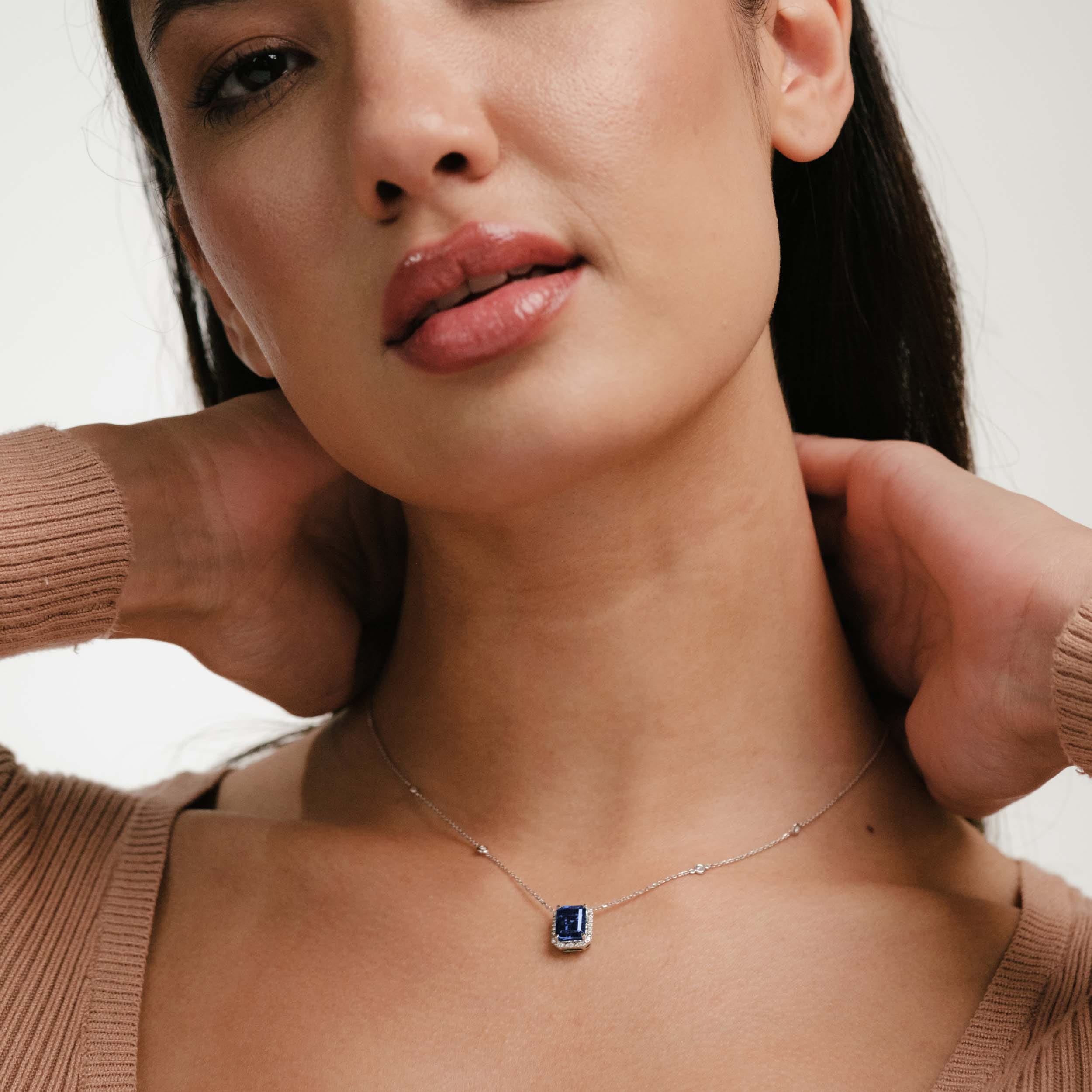 Diamond Astra 2.00ct Lab Sapphire and Diamond Halo Octagon Cut Necklace in Silver