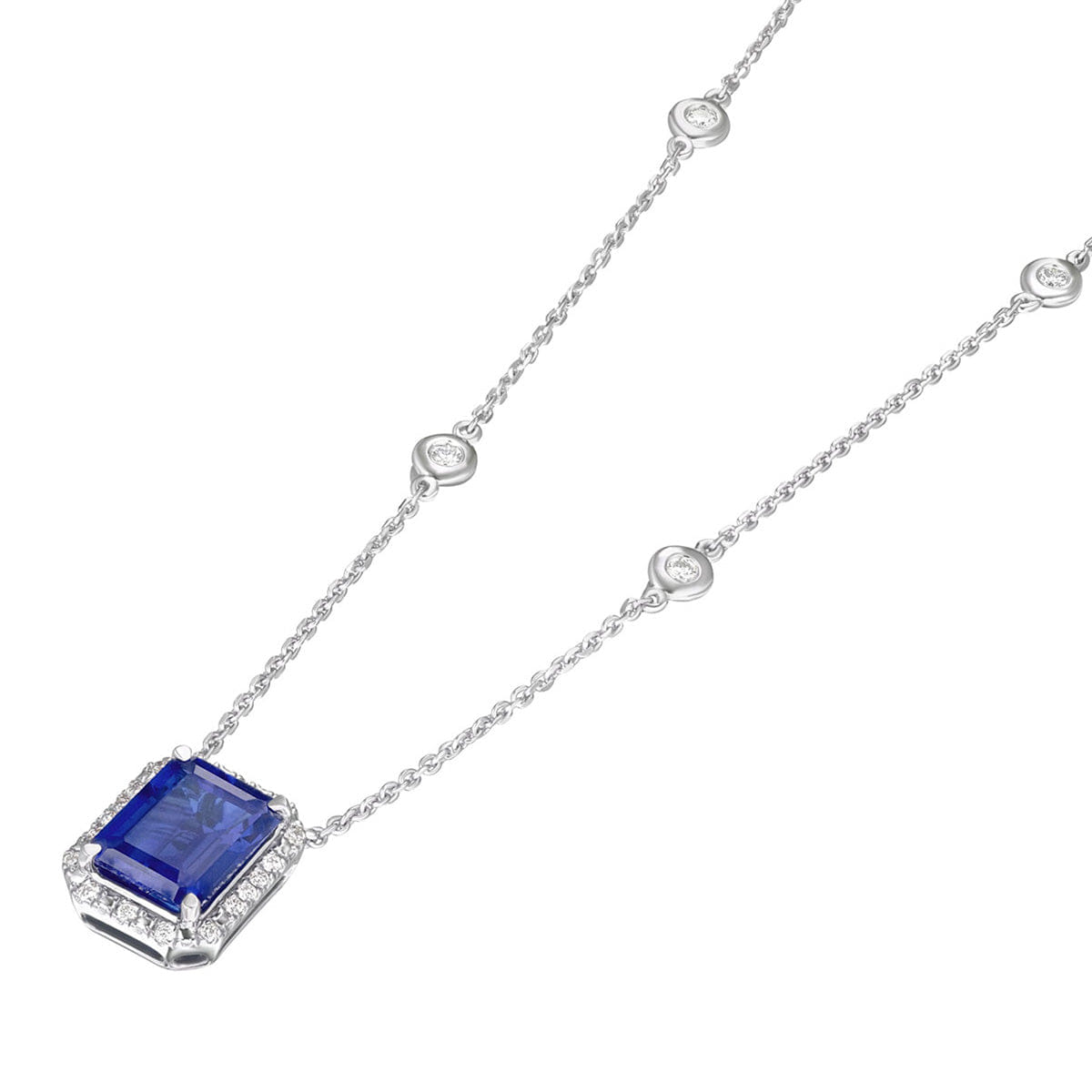 Diamond Astra 2.00ct Lab Sapphire and Diamond Halo Octagon Cut Necklace in Silver